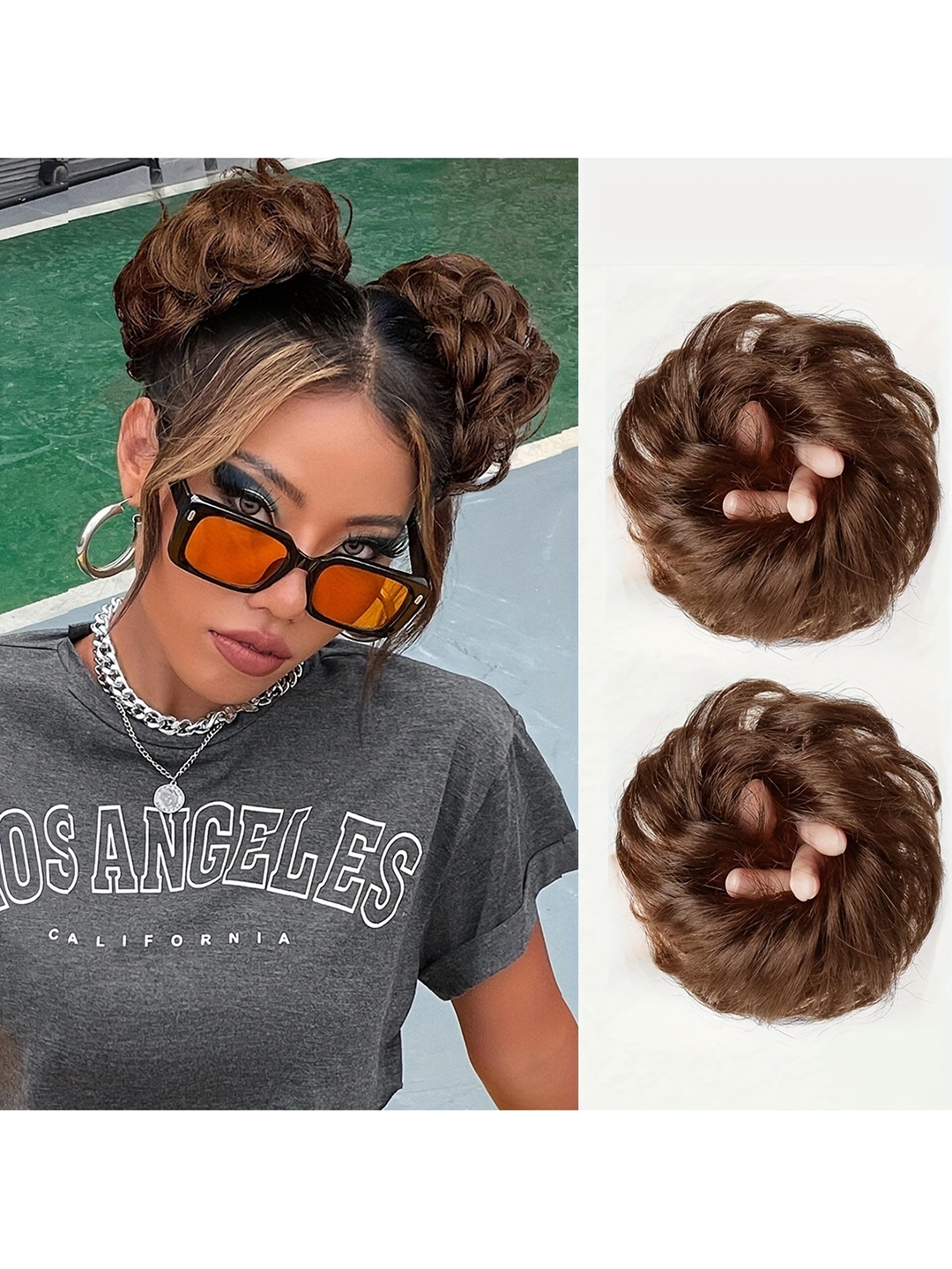 

CHRONEX 2 Pc Wavy Short Curly Messy Bun-Brown