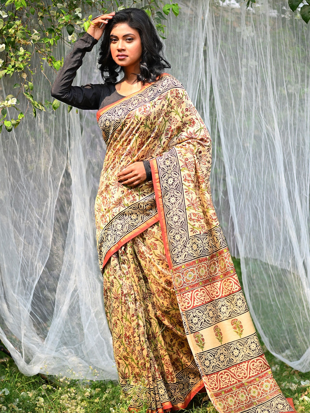

Unnati Silks Kalamkari Printed Zari Handloom Chanderi Saree, Cream