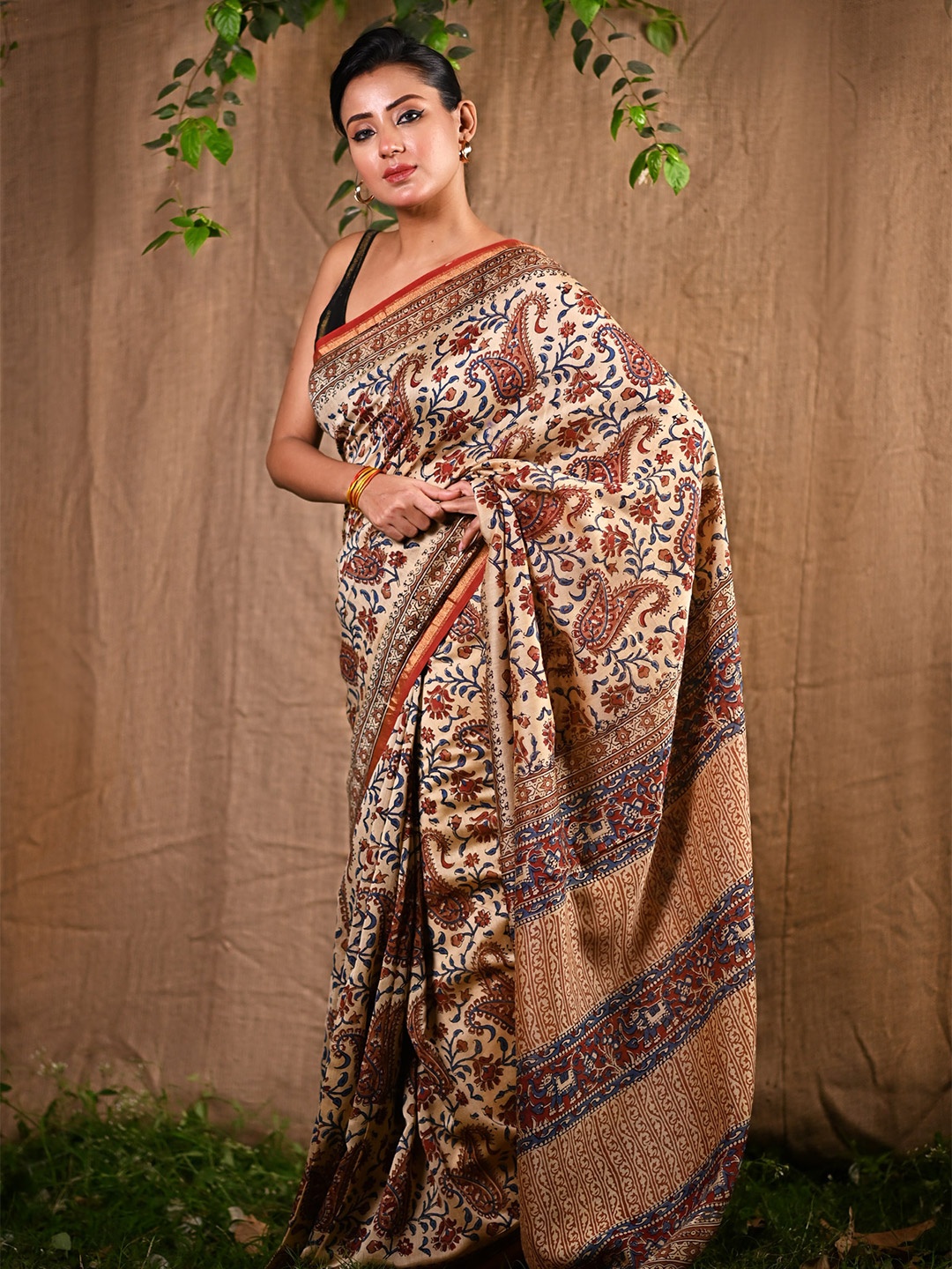 

Unnati Silks Kalamkari Zari Handloom Chanderi Saree, Cream