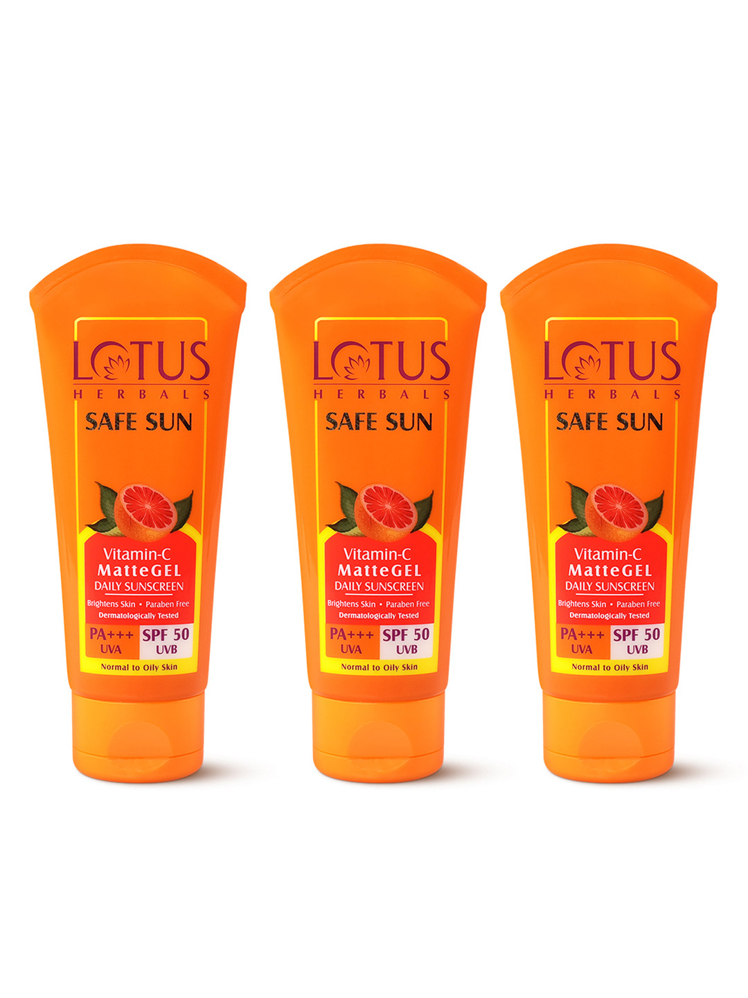 

Lotus Herbals 3Pcs Safe Sun Vitamin-C MatteGEL SPF50 Daily Sunscreen - 100g each, Orange