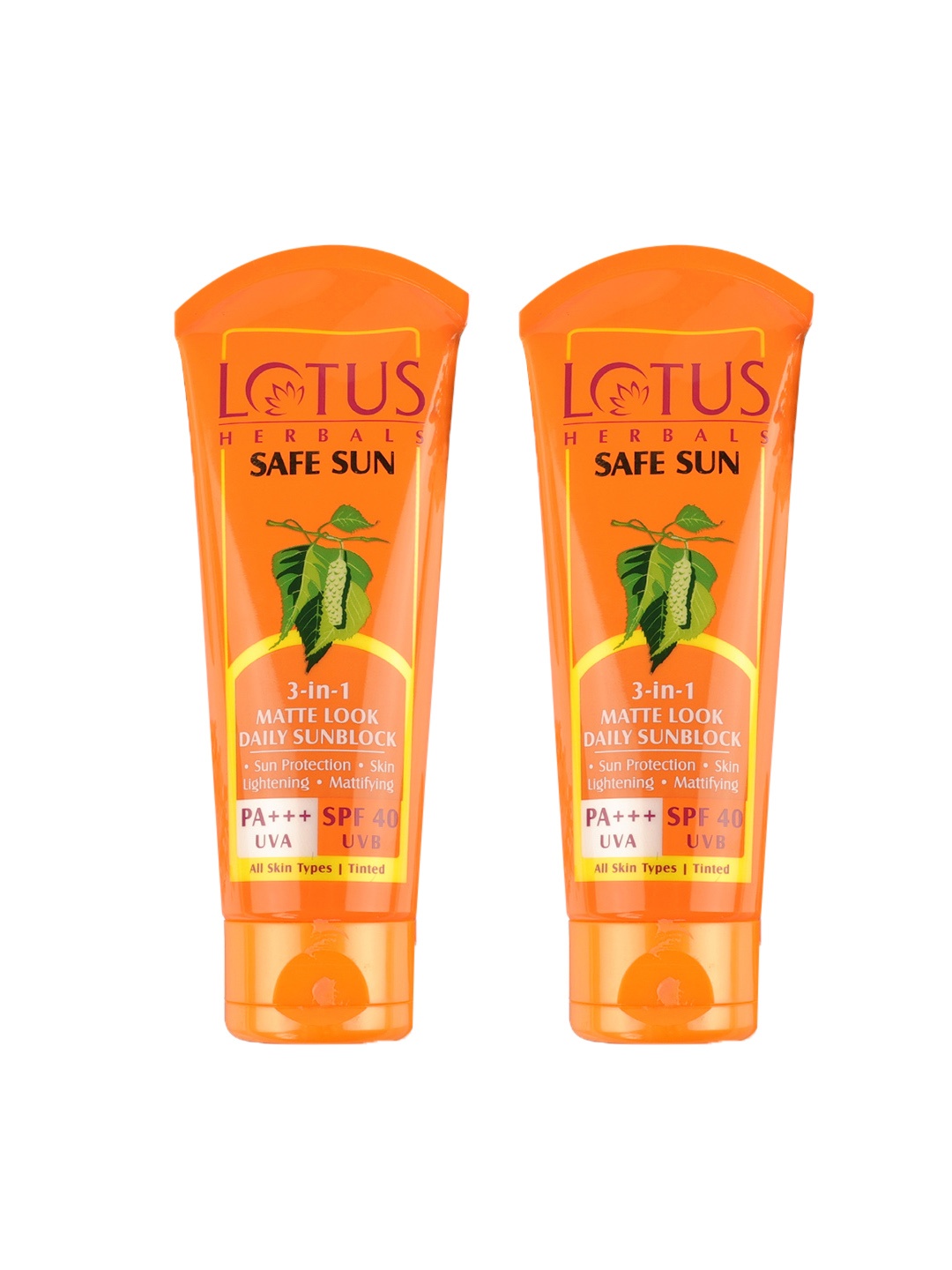 

Lotus Herbals 2Pcs Safe Sun 3-in-1 Matte SPF40 PA+++ Tinted Sunscreen - 75g each, Orange