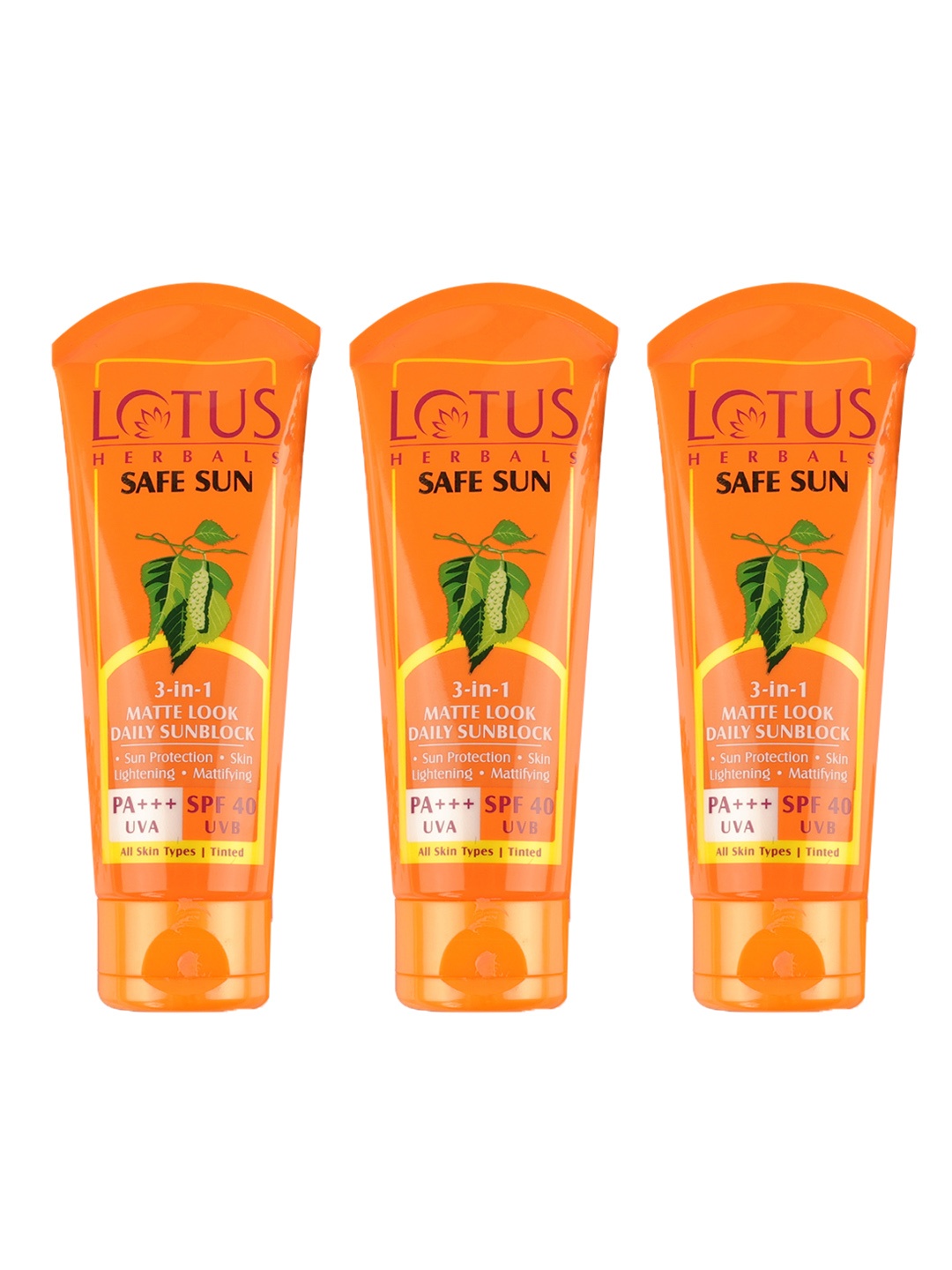 

Lotus Herbals 3Pcs Safe Sun 3-in-1 Matte SPF40 PA+++ Tinted Sunscreen - 75g each, Orange