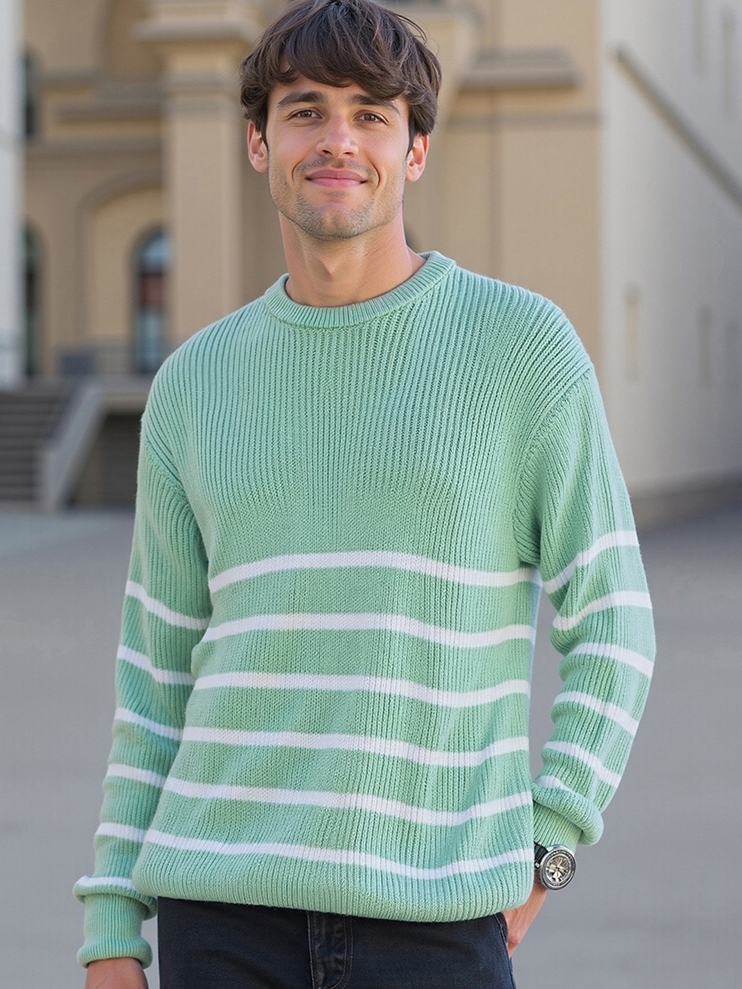 

Bewakoof Men Winter Striped Pullover, Green