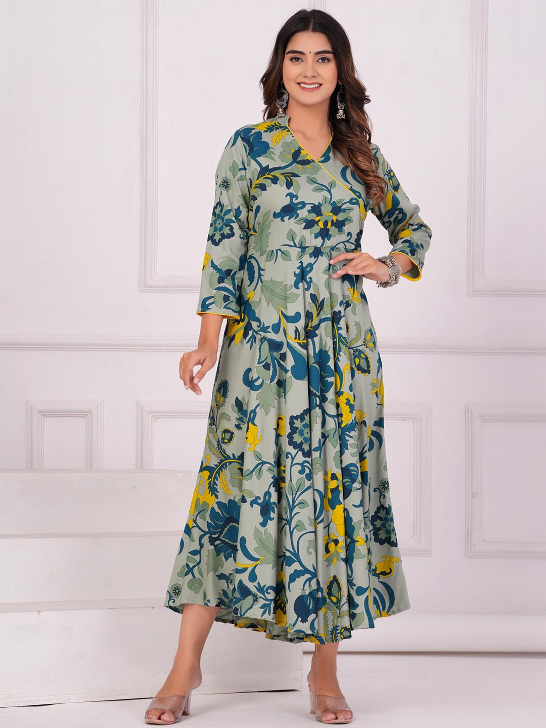 

ANTU KURTIES Floral Printed Fit & Flare Midi Ethnic Dress, Green