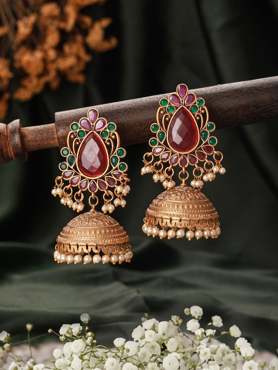 

Jazz and Sizzle Gold Plated Dome Shaped Beaded Jhumkas, Green