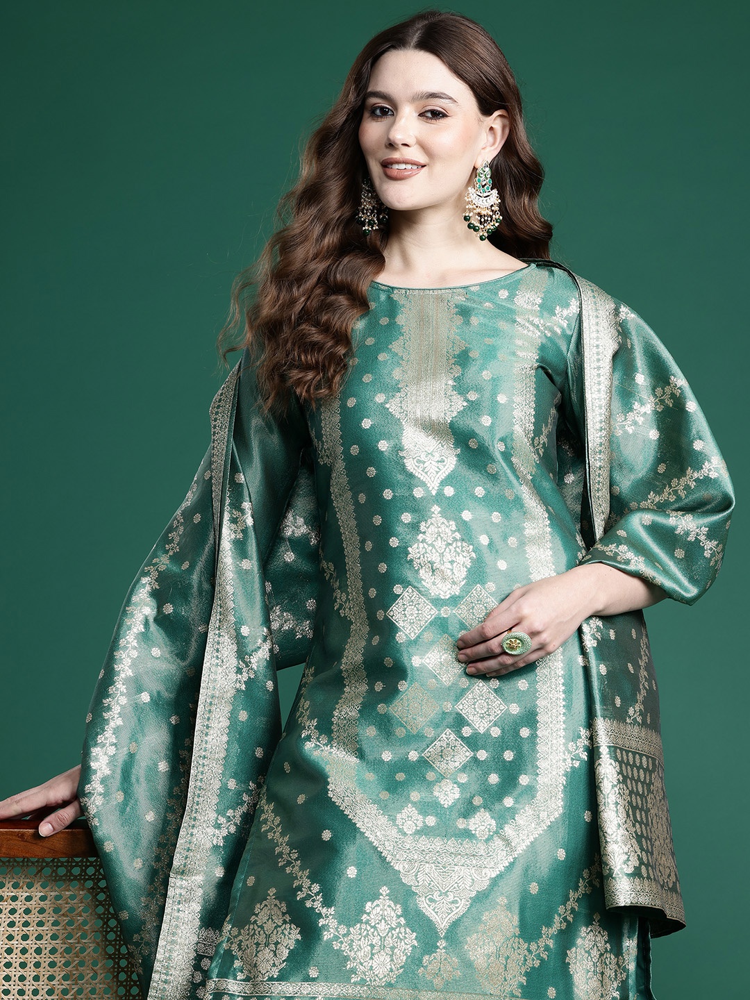 

Indo Era Ethnic Motifs Pure Silk Kurta with Trousers & With Dupatta, Green