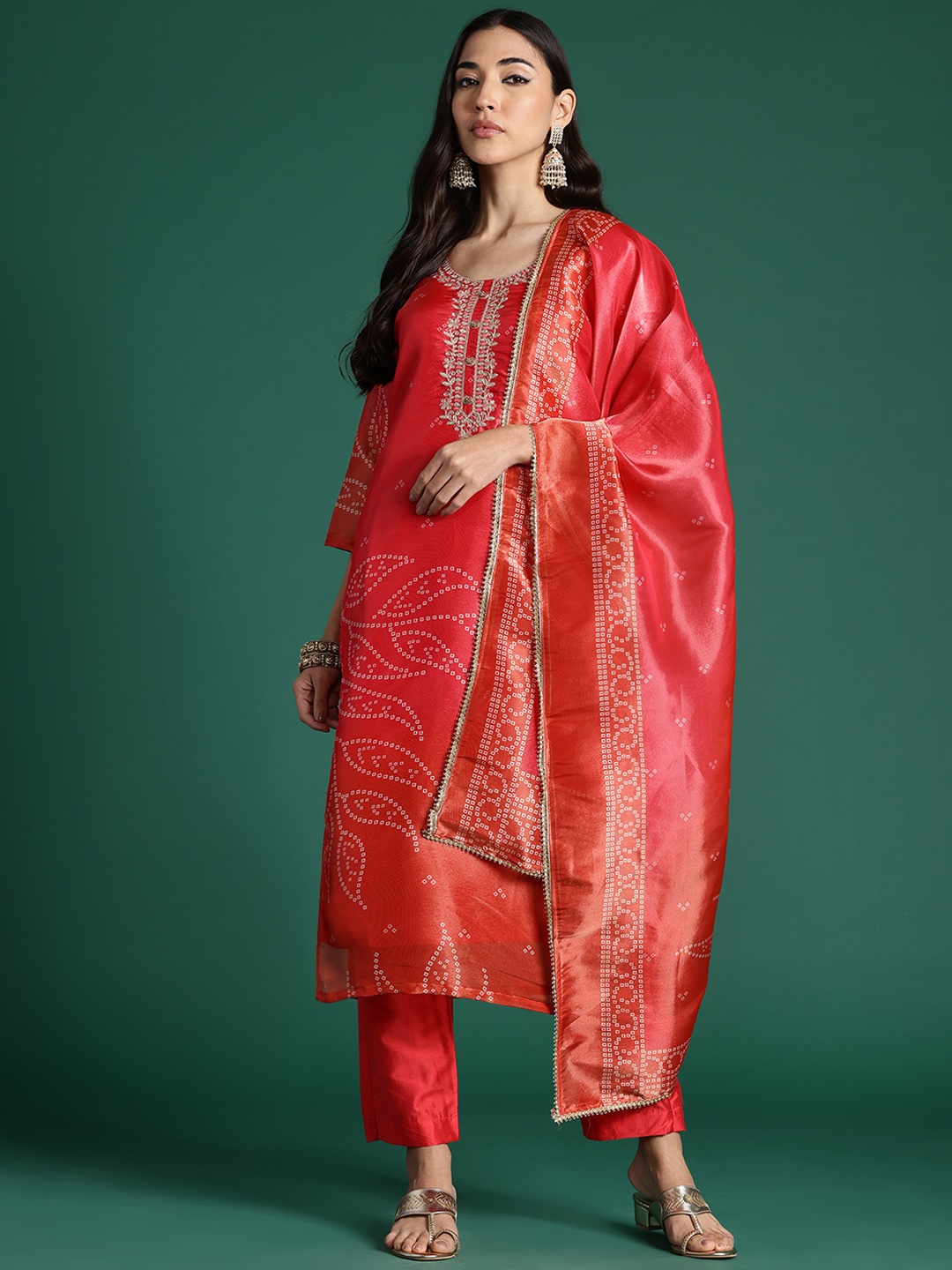 

Indo Era Ethnic Motifs Printed Zari Kurta with Trousers & With Dupatta, Red