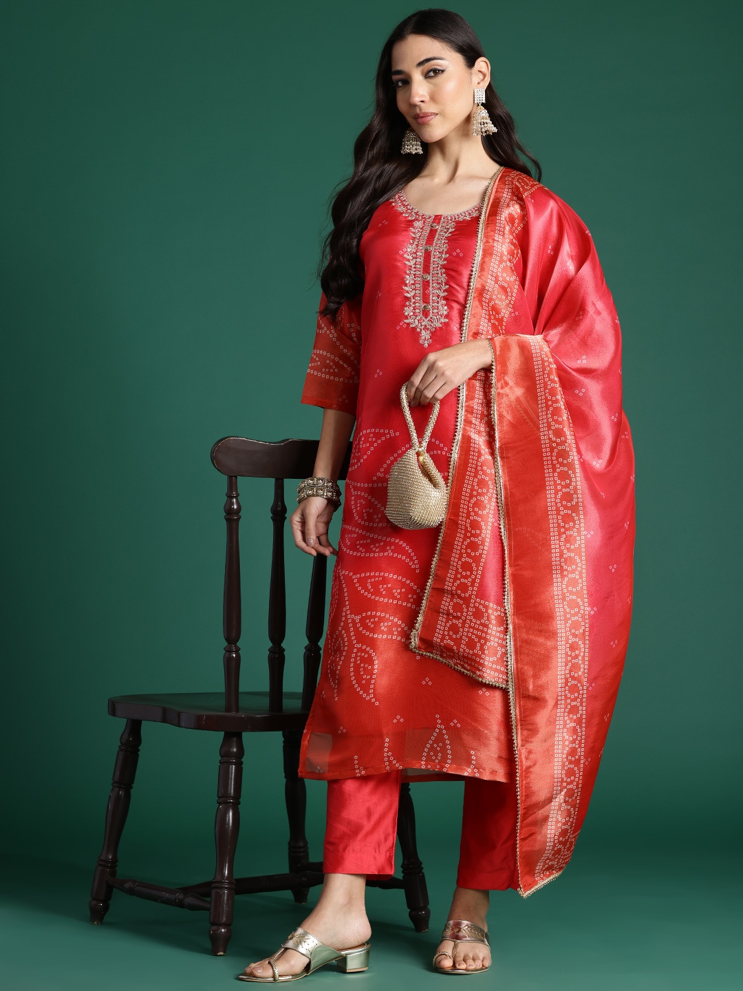 

Indo Era Ethnic Motifs Printed Zari Kurta with Trousers & With Dupatta, Red