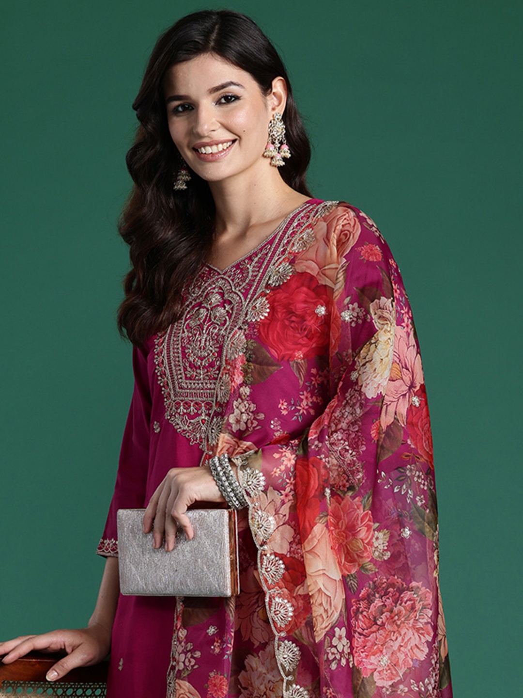 

Indo Era Women Ethnic Motifs Embroidered Regular Kurta with Trousers & With Dupatta, Burgundy