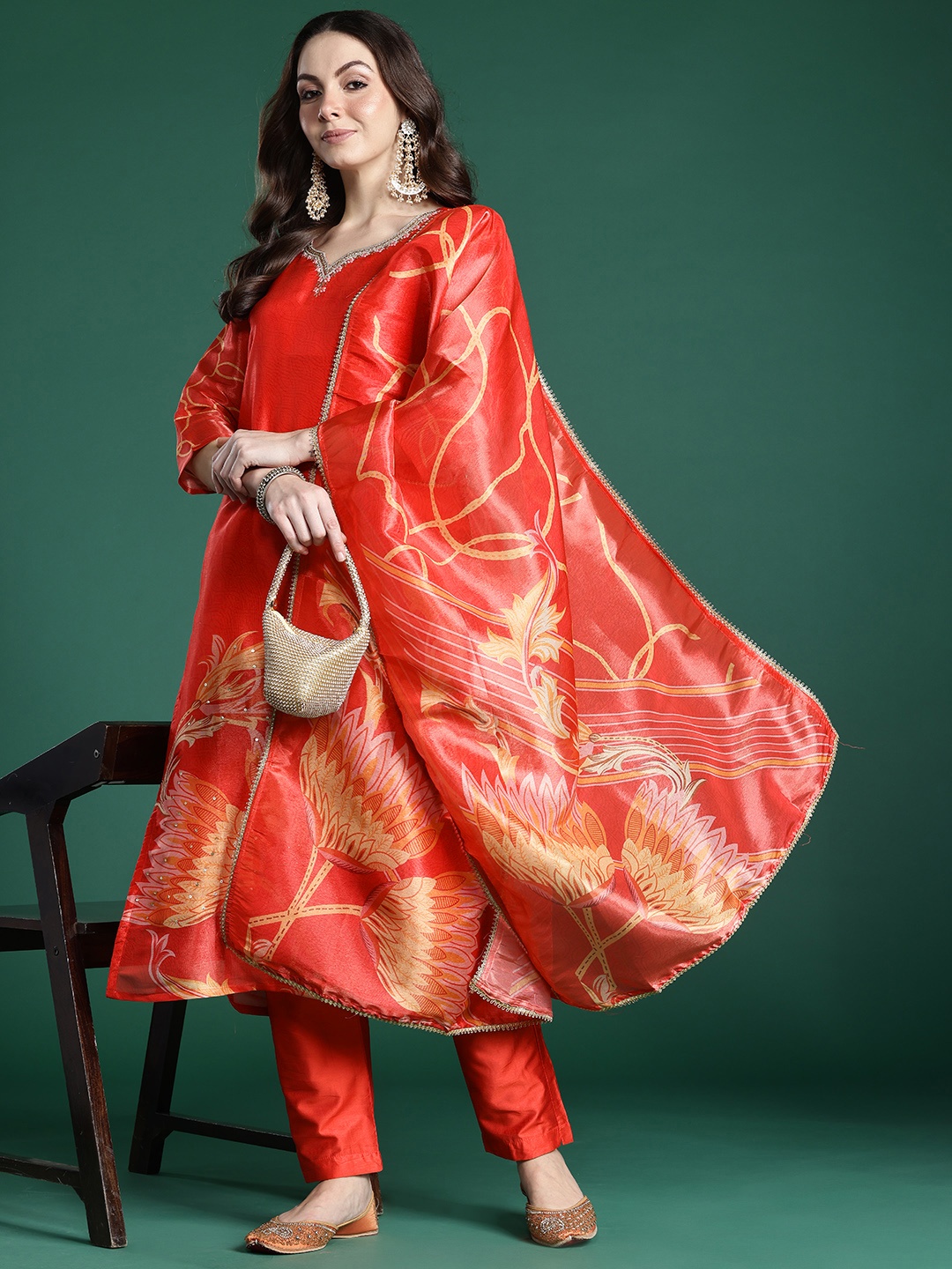 

Indo Era Floral Printed Sequinned Kurta with Trousers & Dupatta, Rust