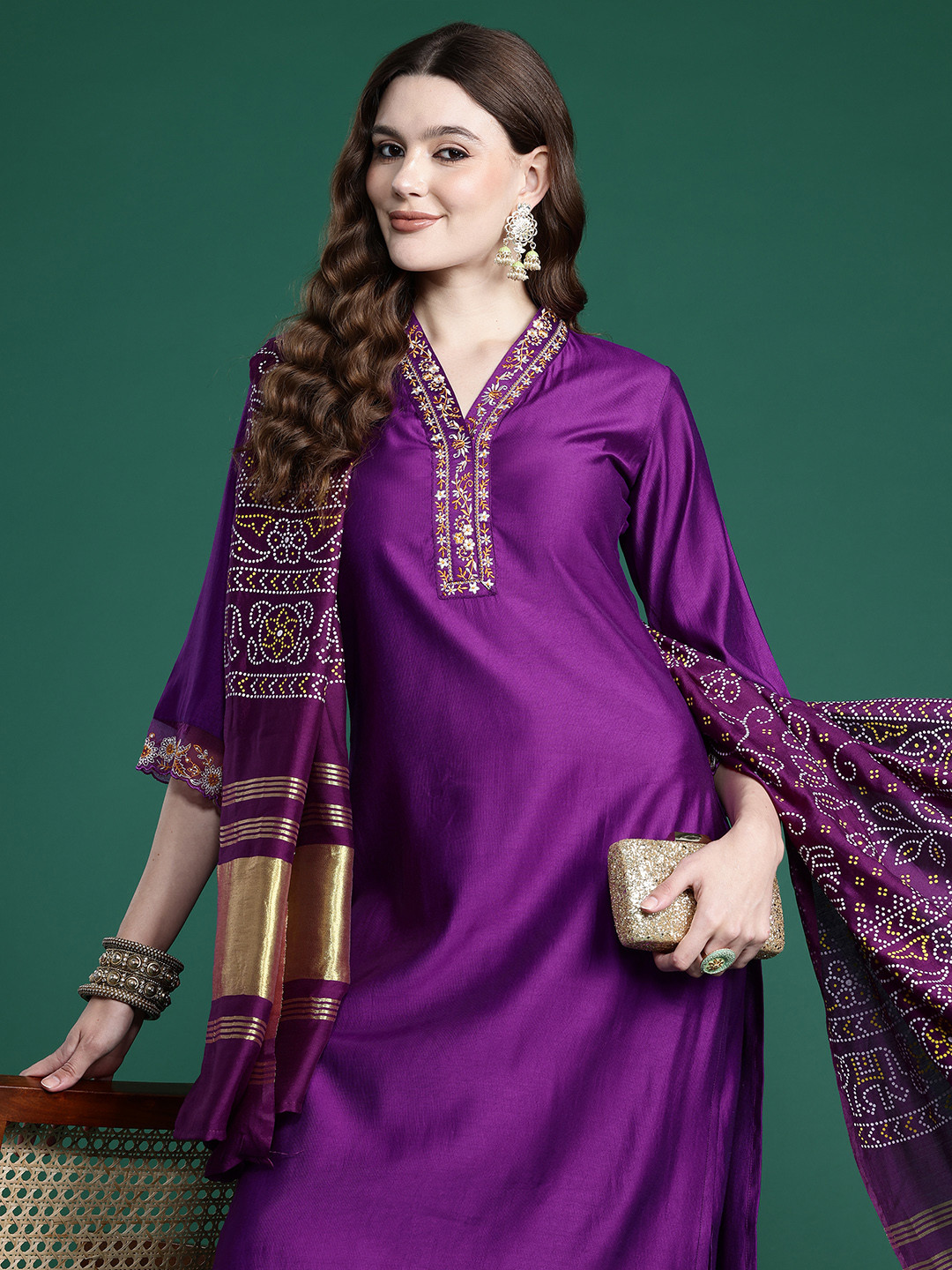 

Indo Era Floral Thread Work Liva Kurta with Trousers & With Dupatta, Purple