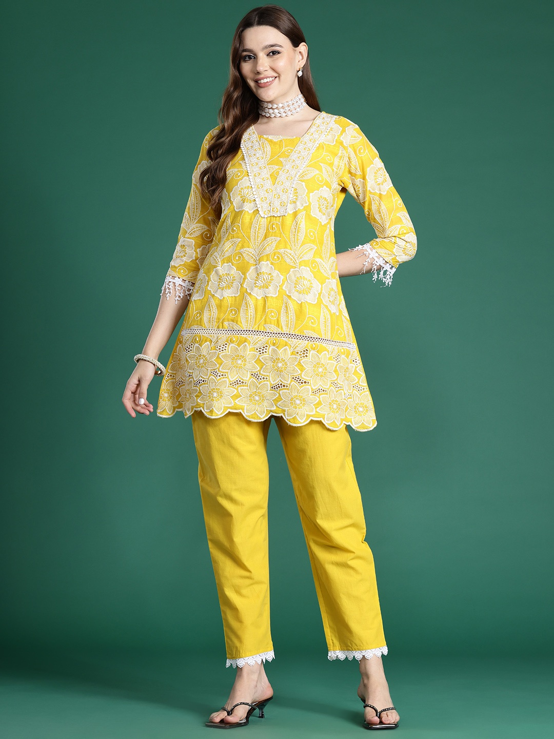 

Indo Era Floral Embroidered Pure Cotton Co-Ords, Mustard