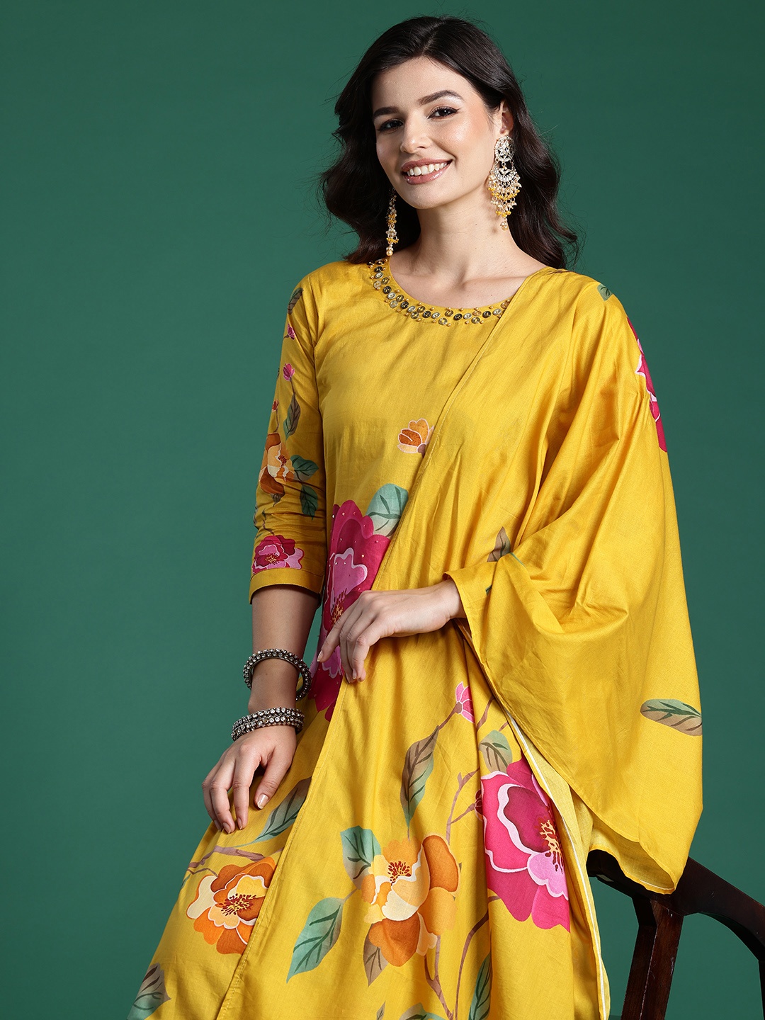 

Indo Era Floral Printed Beads & Stones Pure Cotton Kurta With Trousers & Dupatta, Yellow