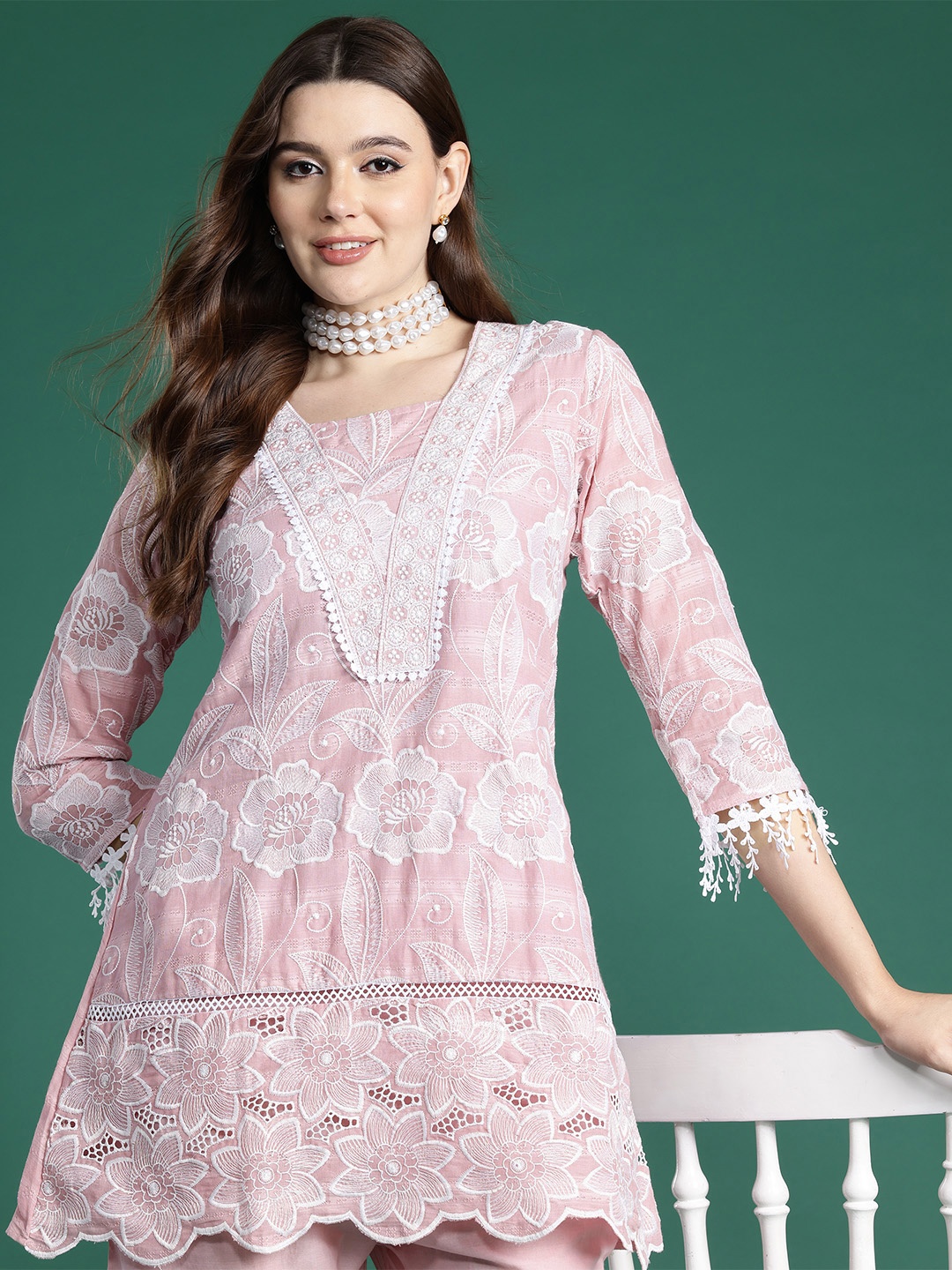 

Indo Era Floral Embroidered Pure Cotton Co-Ords, Pink