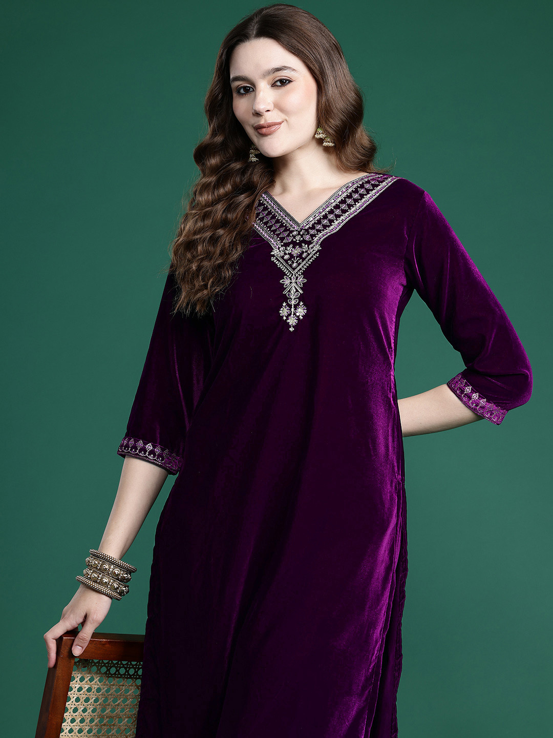 

Indo Era Ethnic Motifs Embroidered Velvet Kurta with Trousers, Purple