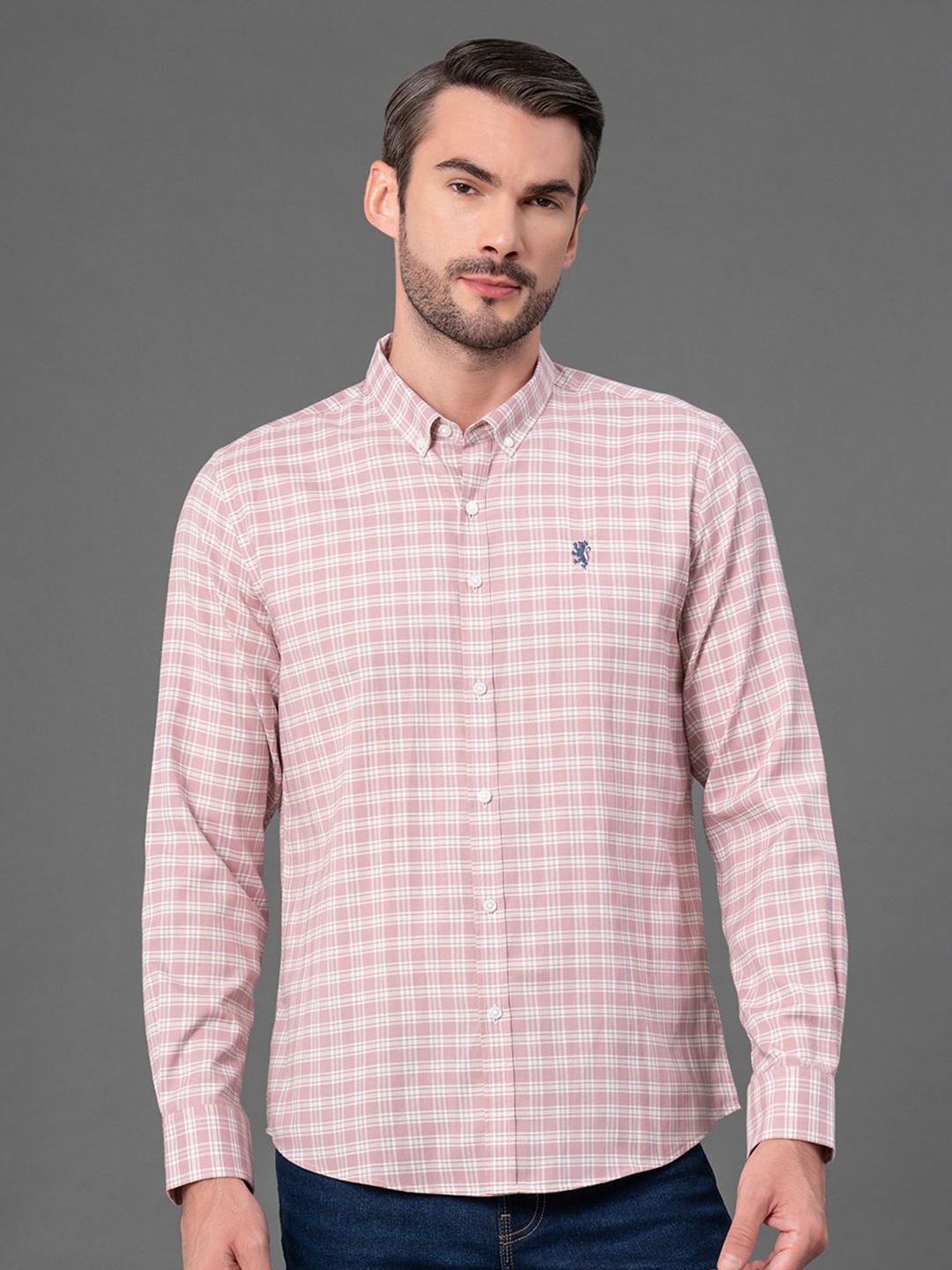 

Red Tape Men Checked Button-Down Collar Grid Tattersall Casual Shirt, Pink