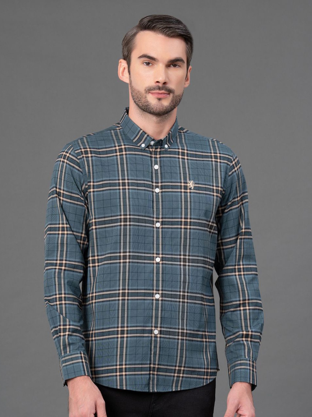 

Red Tape Men Button-Down Collar Tartan Checked Casual Shirt, Turquoise blue