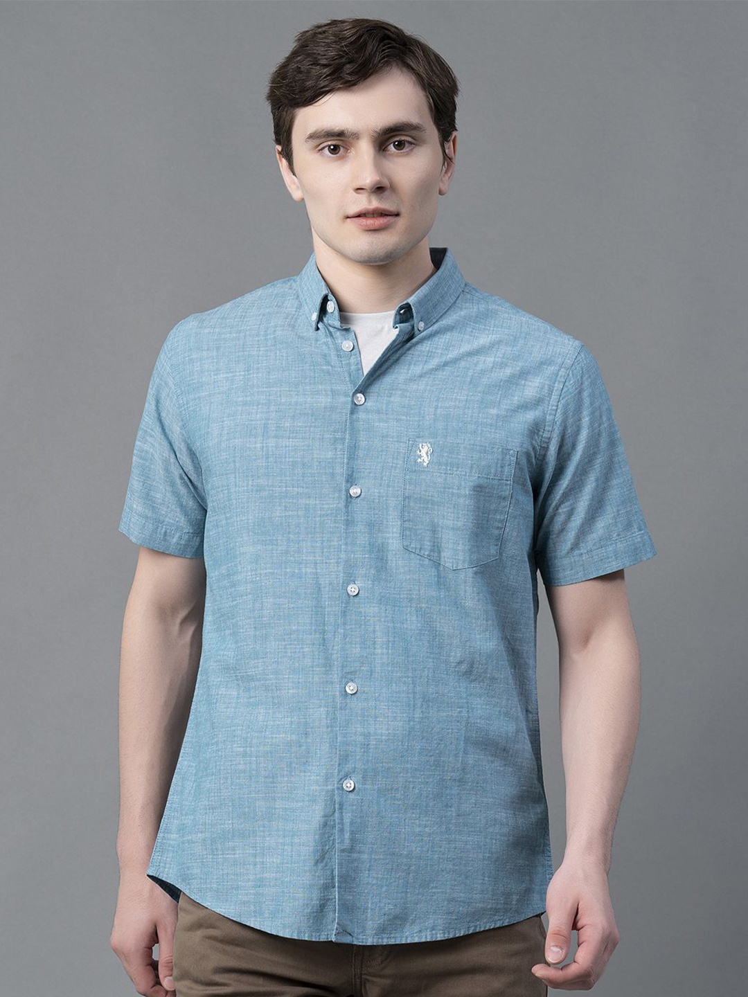 

Red Tape Men Button-Down Collar Solid Cotton Casual Shirt, Blue