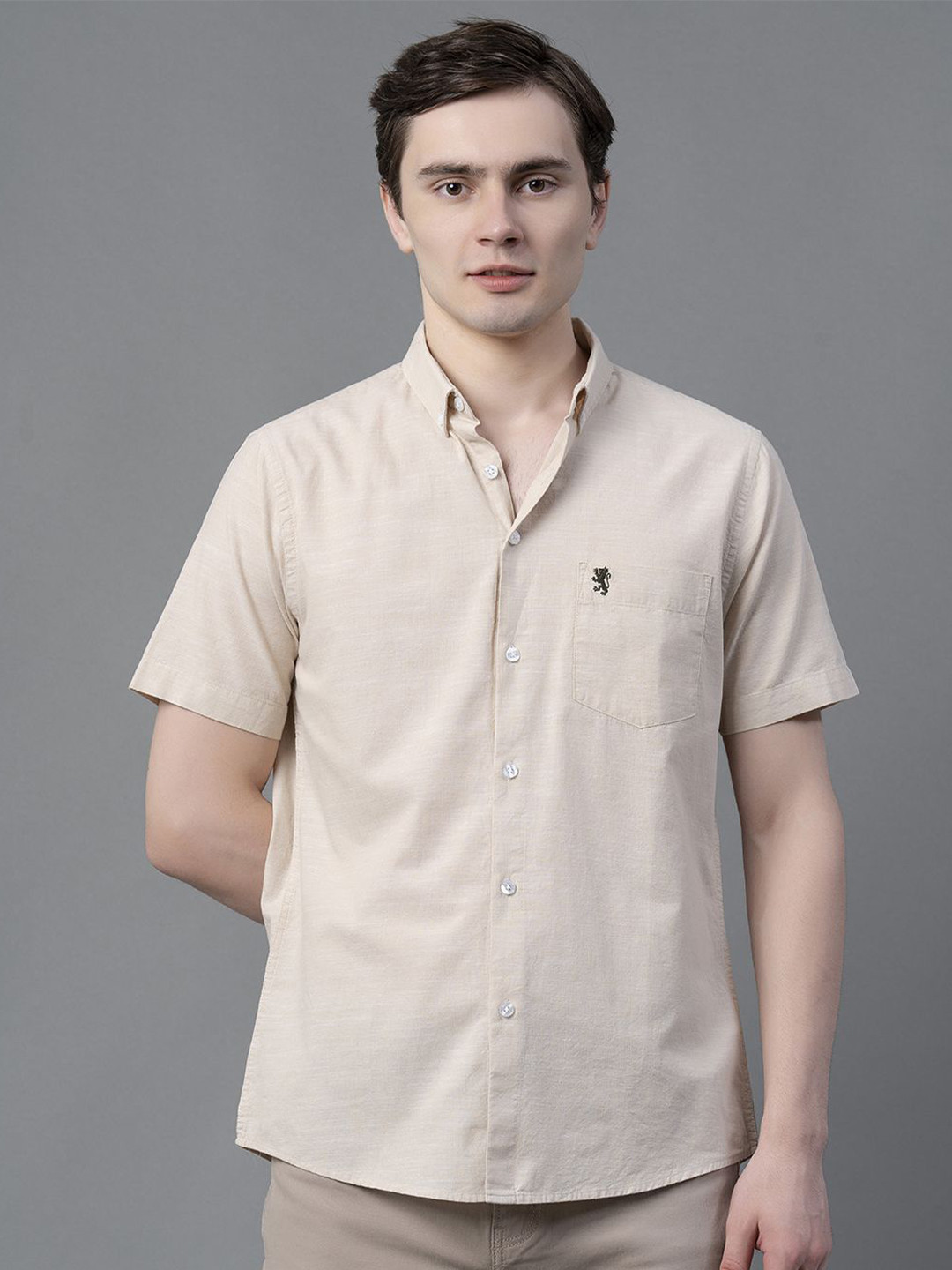 

Red Tape Men Button-Down Collar Solid Cotton Casual Shirt, Beige