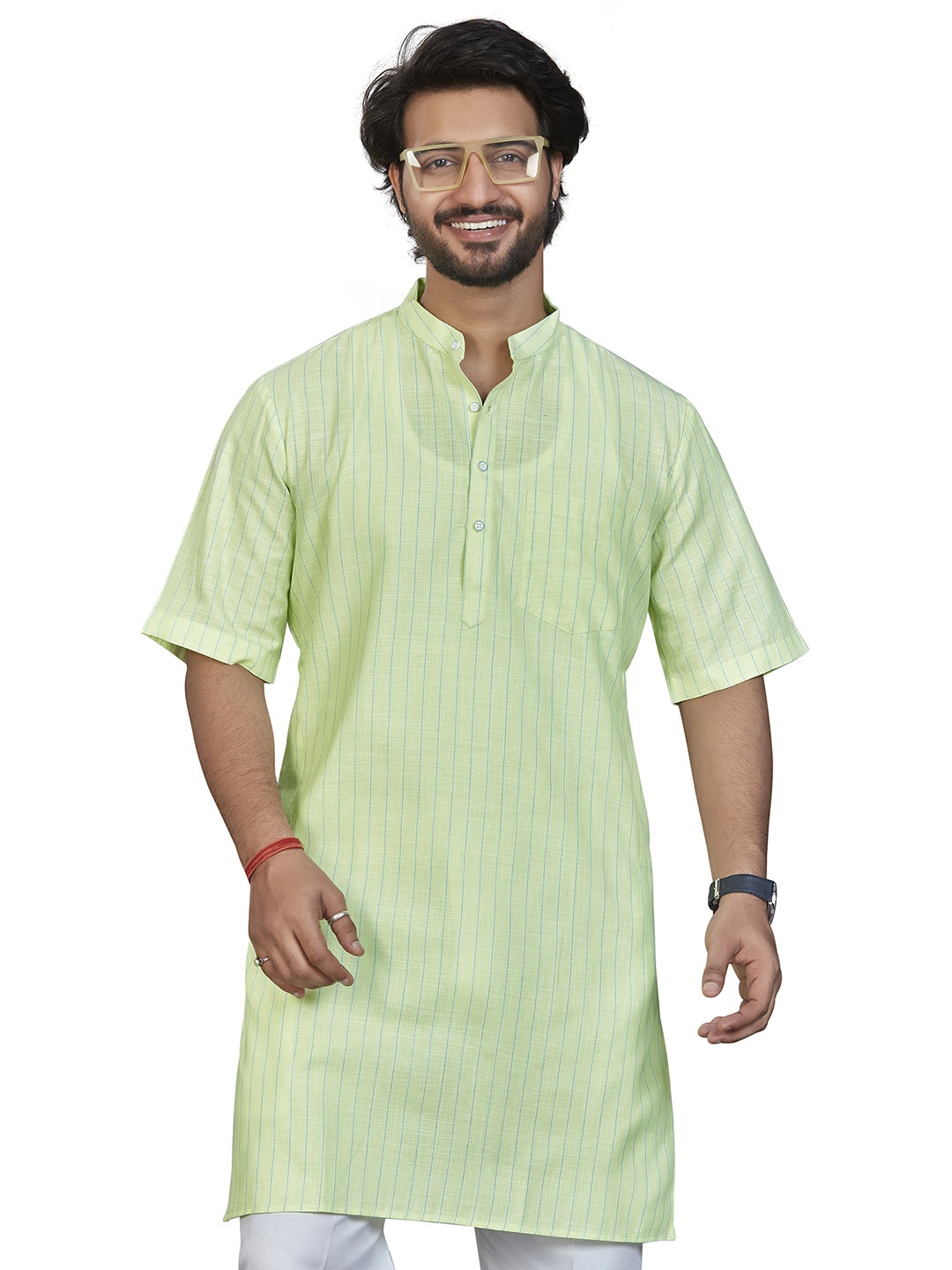 

Authentics Striped Band Collar Cotton Straight Kurta, Green