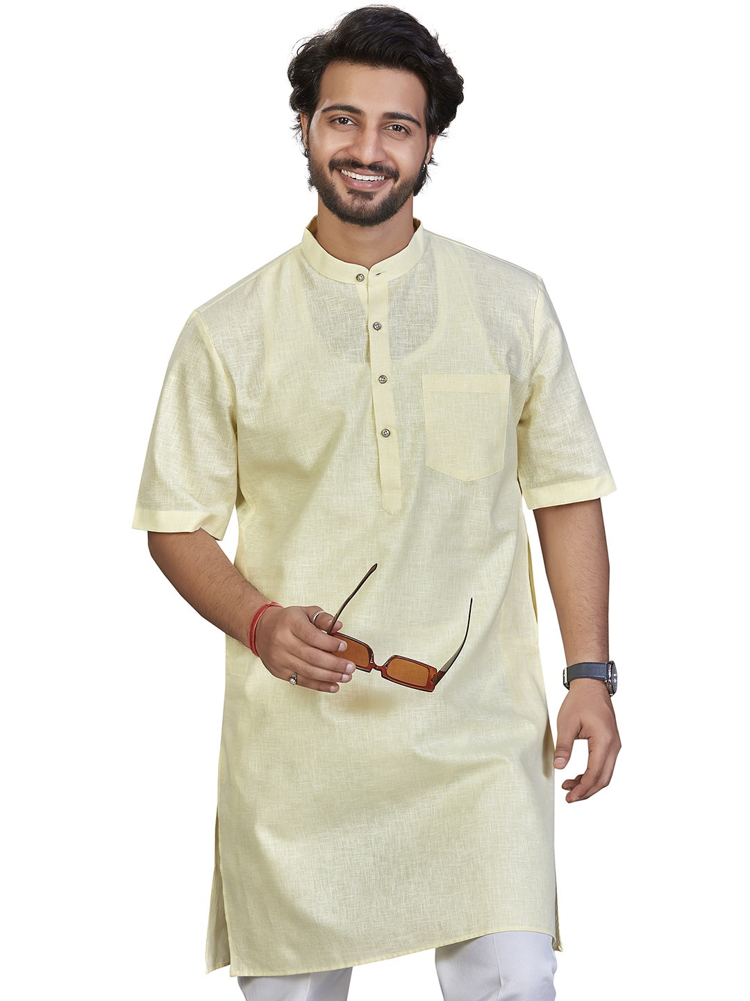 

Authentics Mandarin Collar Cotton Linen Straight Kurta, Yellow