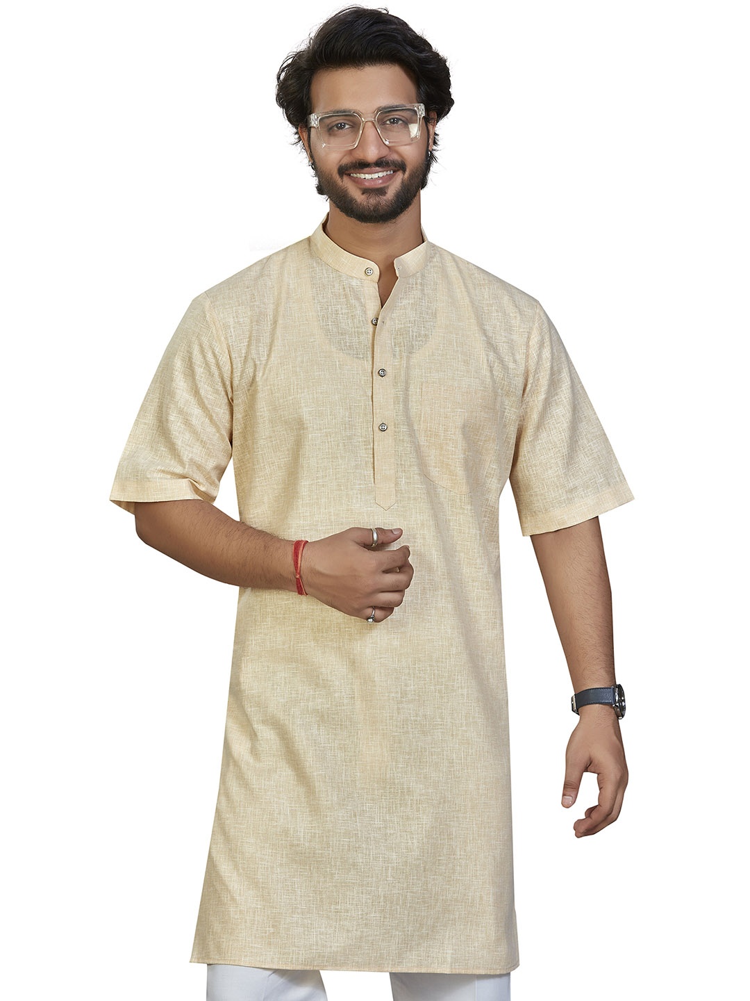 

Authentics Mandarin Collar Cotton Linen Straight Kurta, Beige