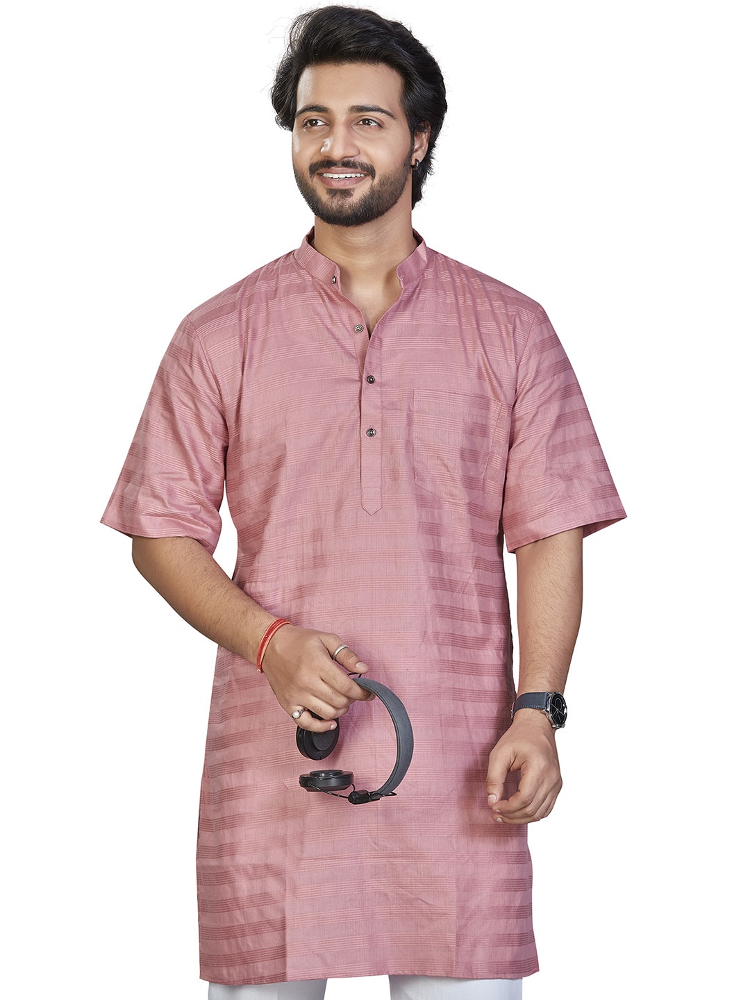 

Authentics Striped Mandarin Collar Pure Cotton Straight Kurta, Pink