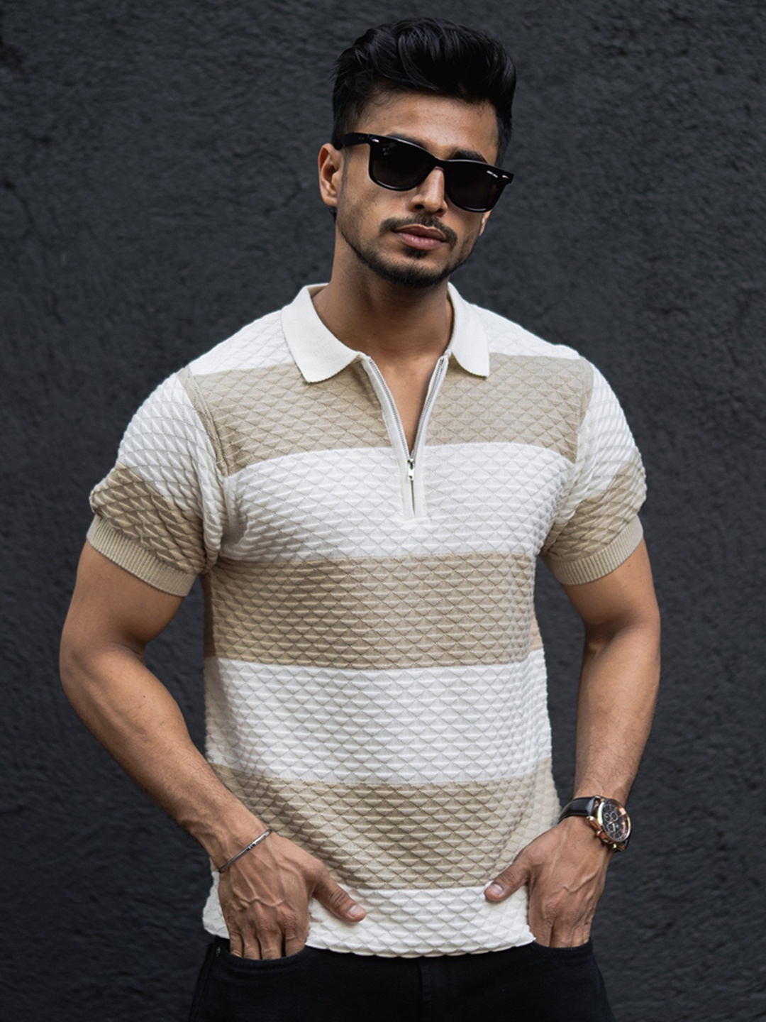 

Powerlook Men Striped Polo Collar Cotton T-shirt, Off white