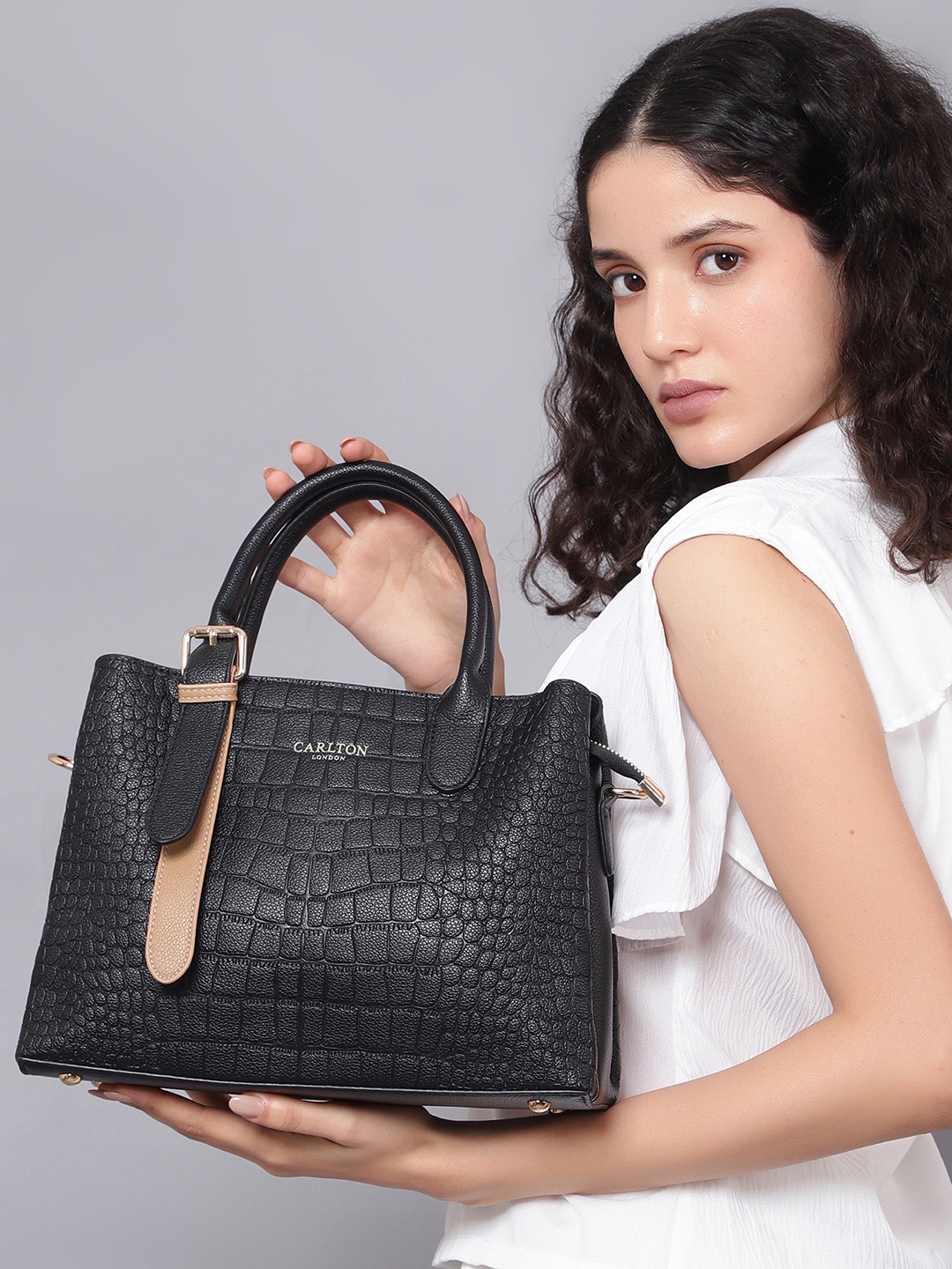 

Carlton London Women Textured Structured Handheld Bag, Black