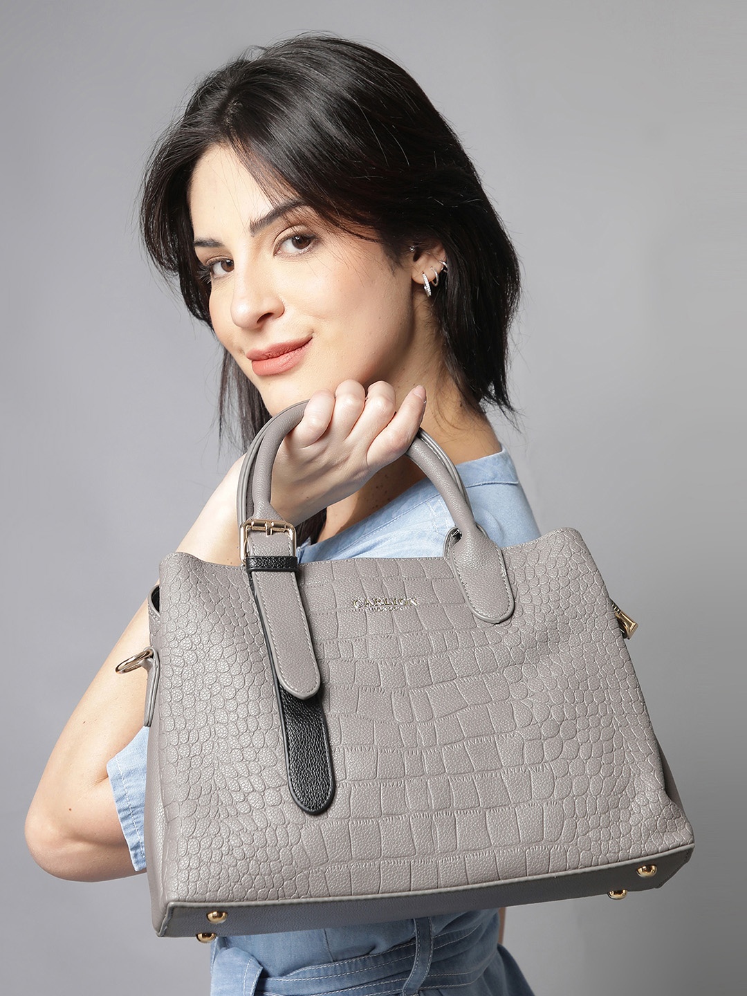 

Carlton London Women Textured Structured Handheld Bag, Grey