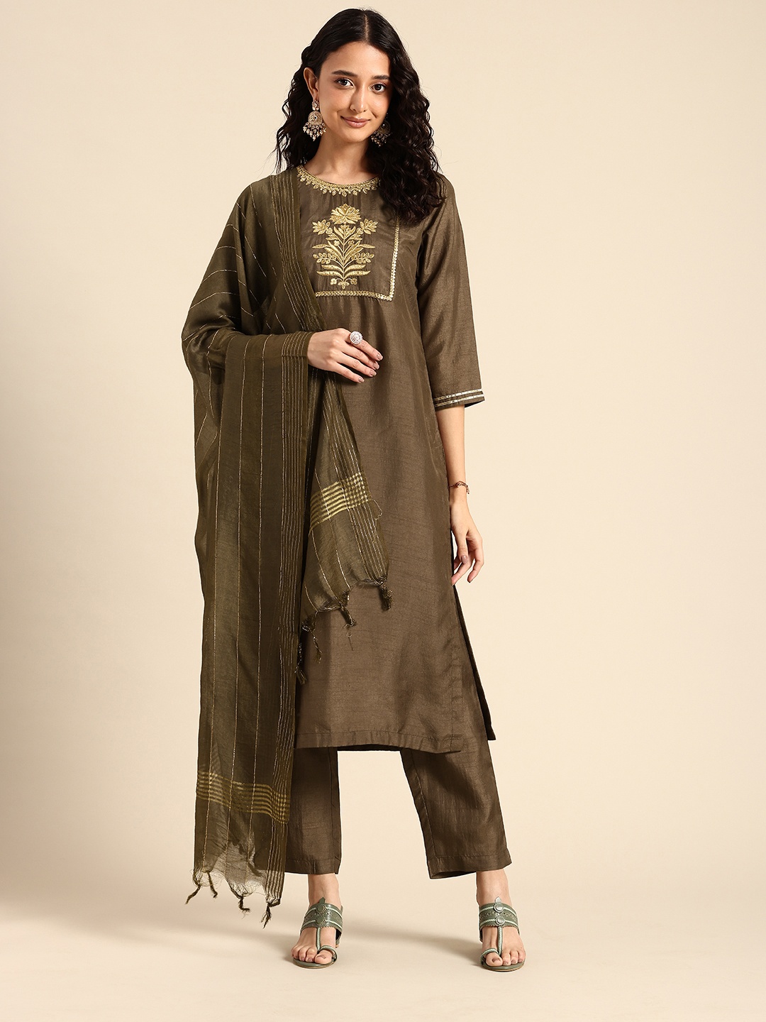 

cbazaar Ethnic Motifs Yoke Design Sequinned Kurta With Trousers & Dupatta, Brown