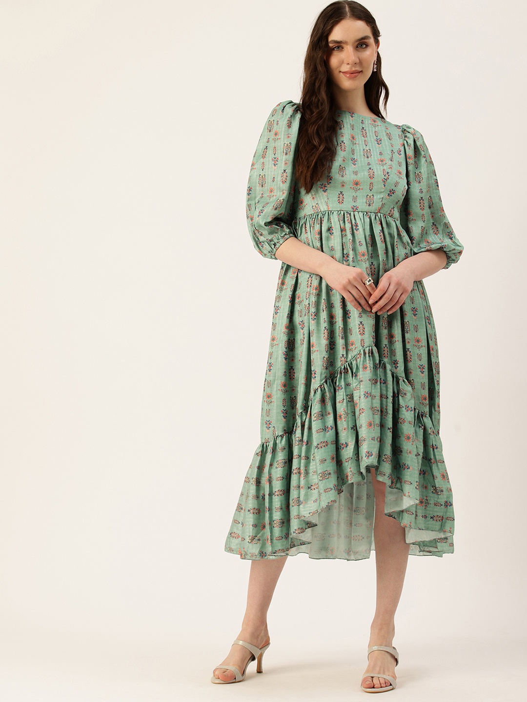 

Ethnovog Ethnic Motifs Print Puff Sleeves Crepe Fit & Flare Midi Dress, Green