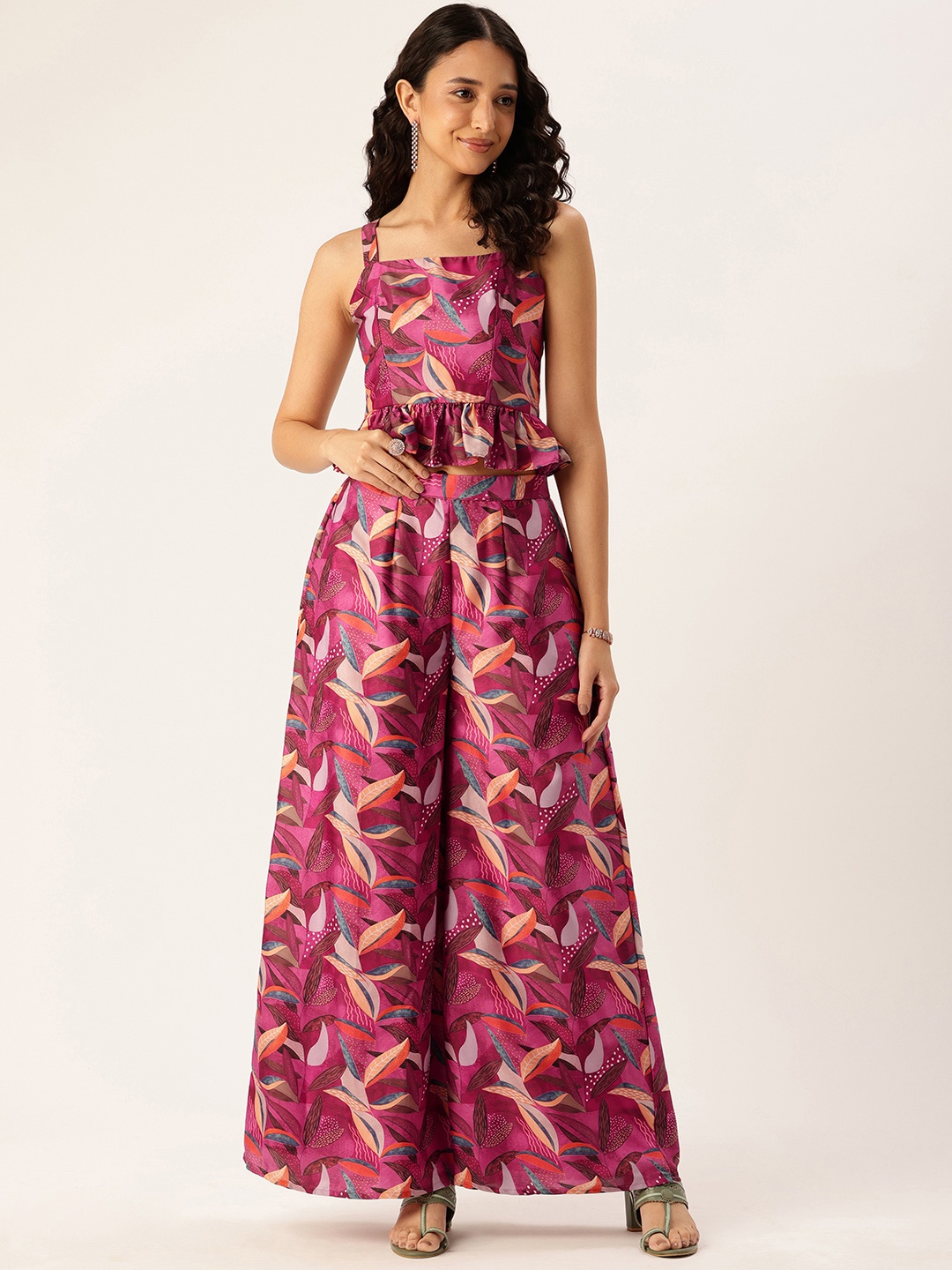 Ethnovog Floral Printed Top With Palazzos, Multi