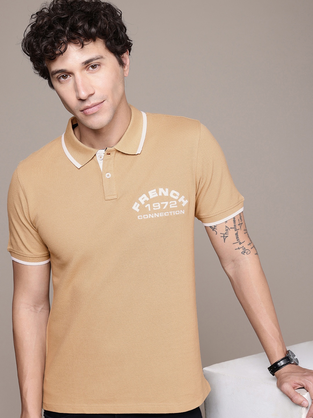 

French Connection Brand Logo Polo Collar Bio Finish T-shirt, Beige
