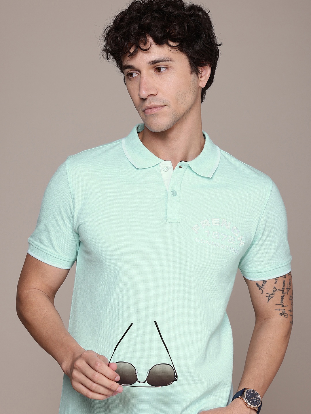 

French Connection Brand Logo Printed Polo Collar T-shirt, Turquoise blue