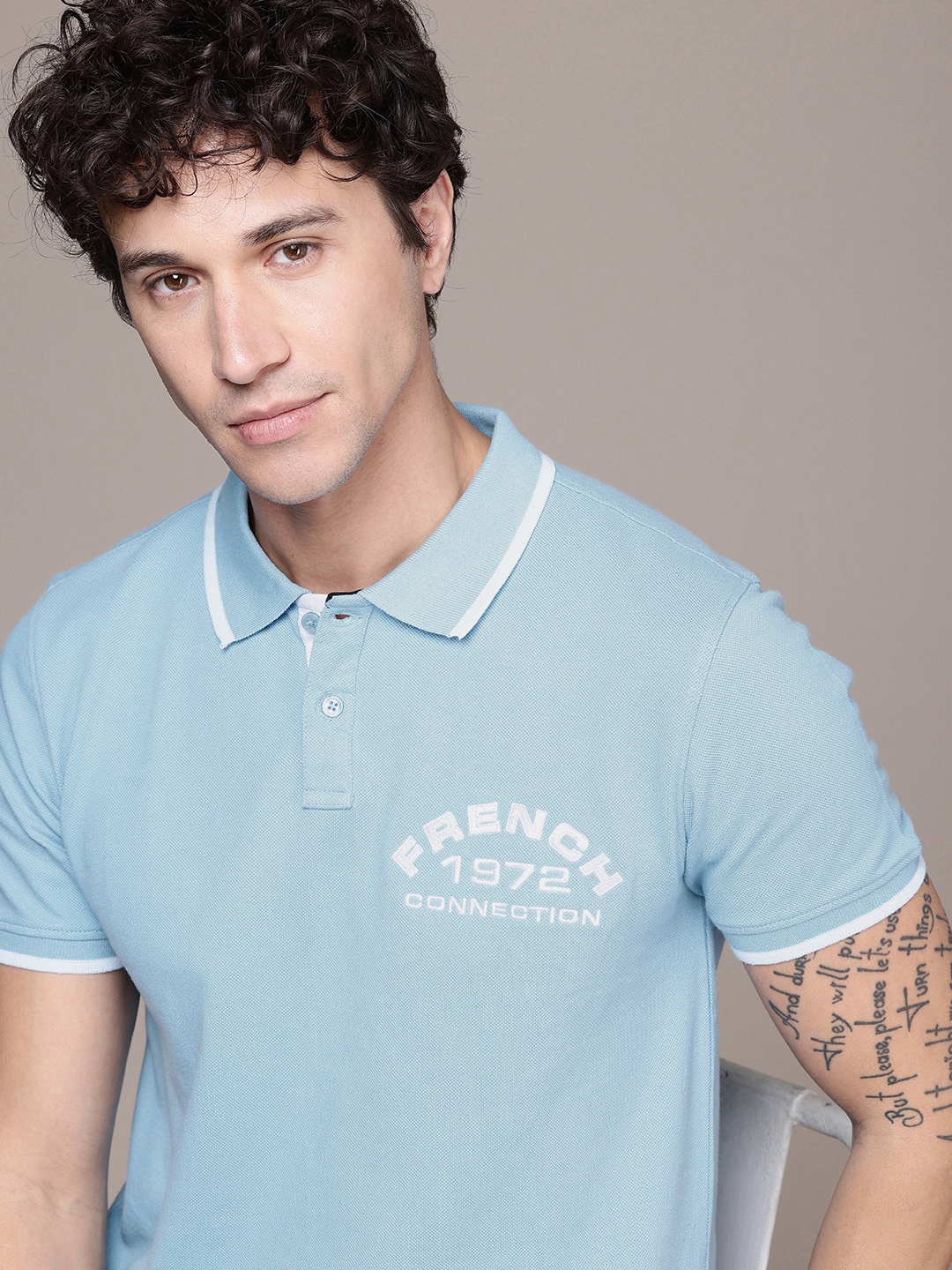 

French Connection Brand Logo Printed Polo Collar T-shirt, Blue