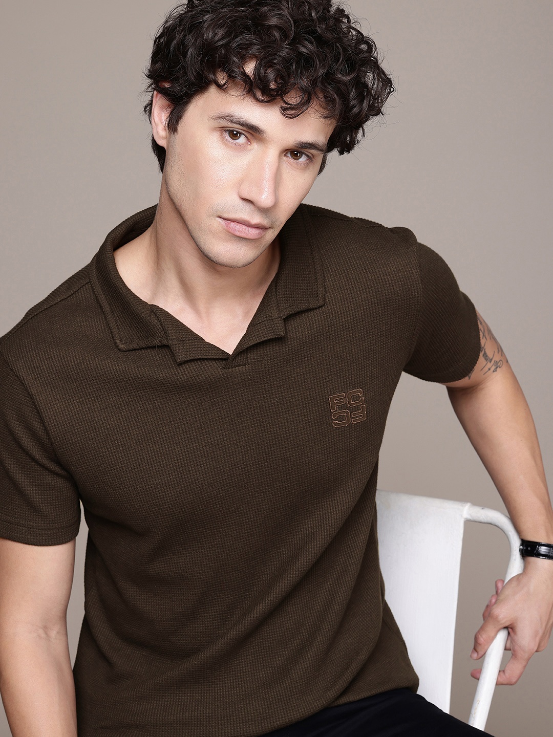 

French Connection Self-Design Anti Odour T-shirt, Coffee brown