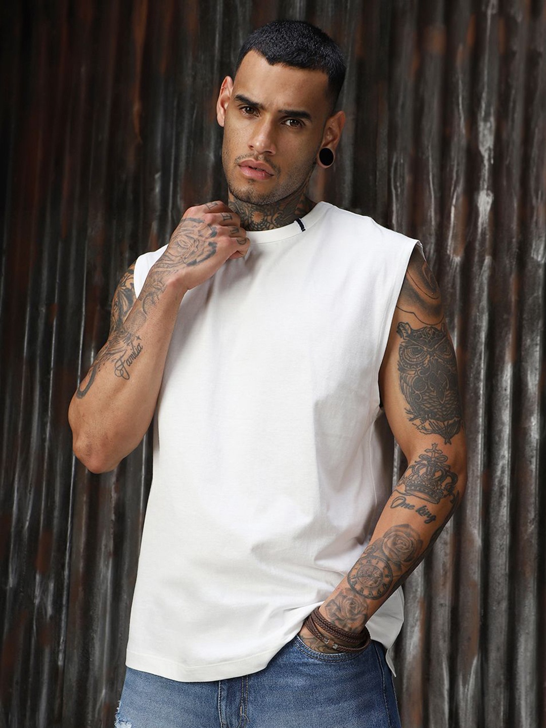 

High Star Men Solid Round Neck Cotton Relaxed Fit Sleeveless Vest T-shirt, White