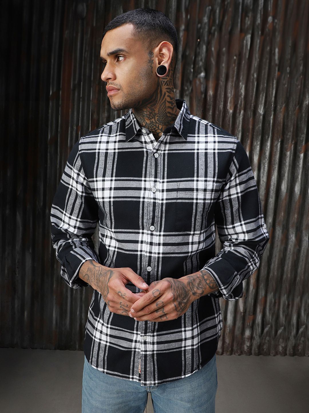 

High Star Men Opaque Checked Flannel Casual Shirt, Navy blue