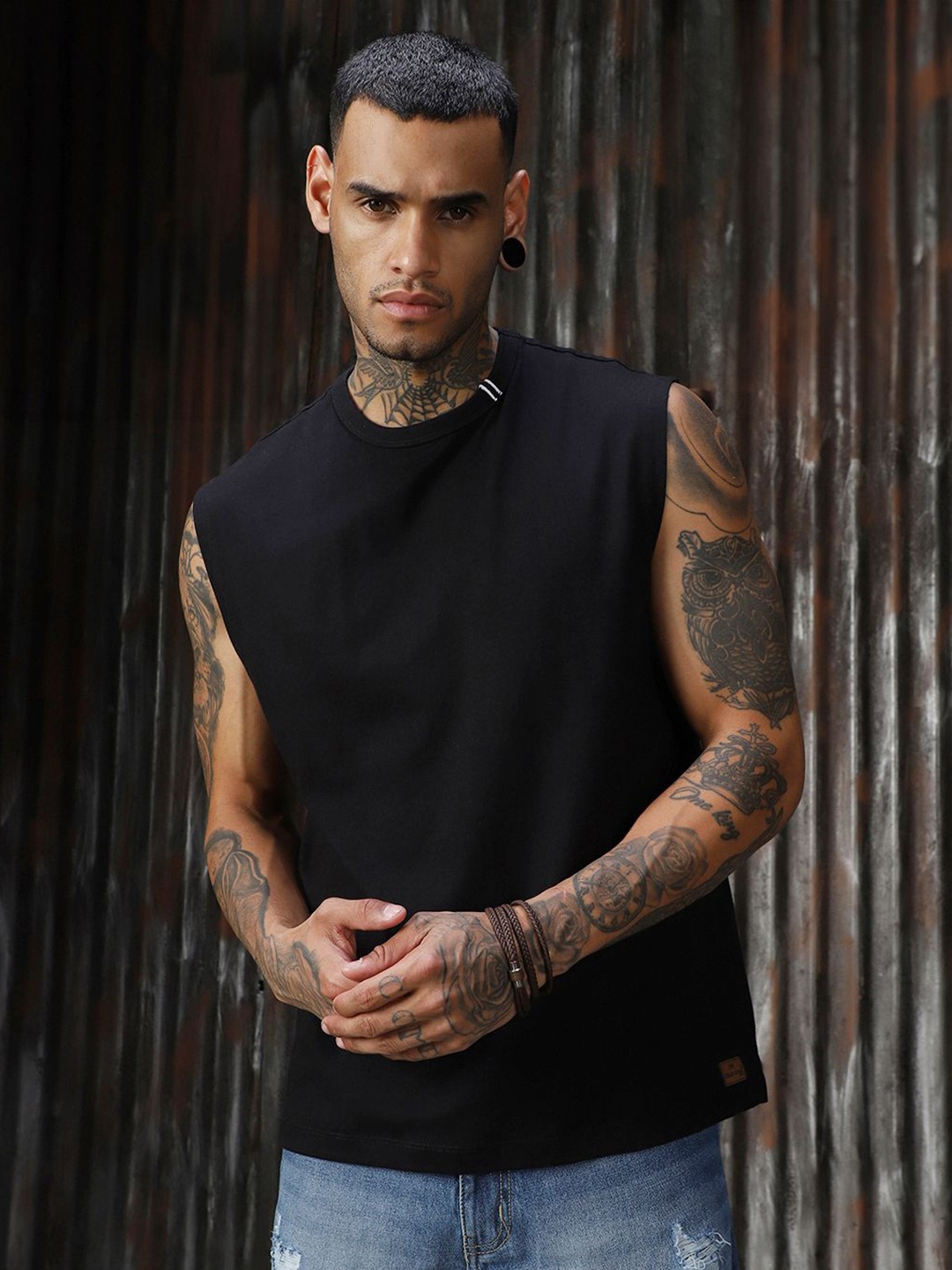

High Star Men Solid Round Neck Cotton Relaxed Fit Sleeveless Vest T-shirt, Black