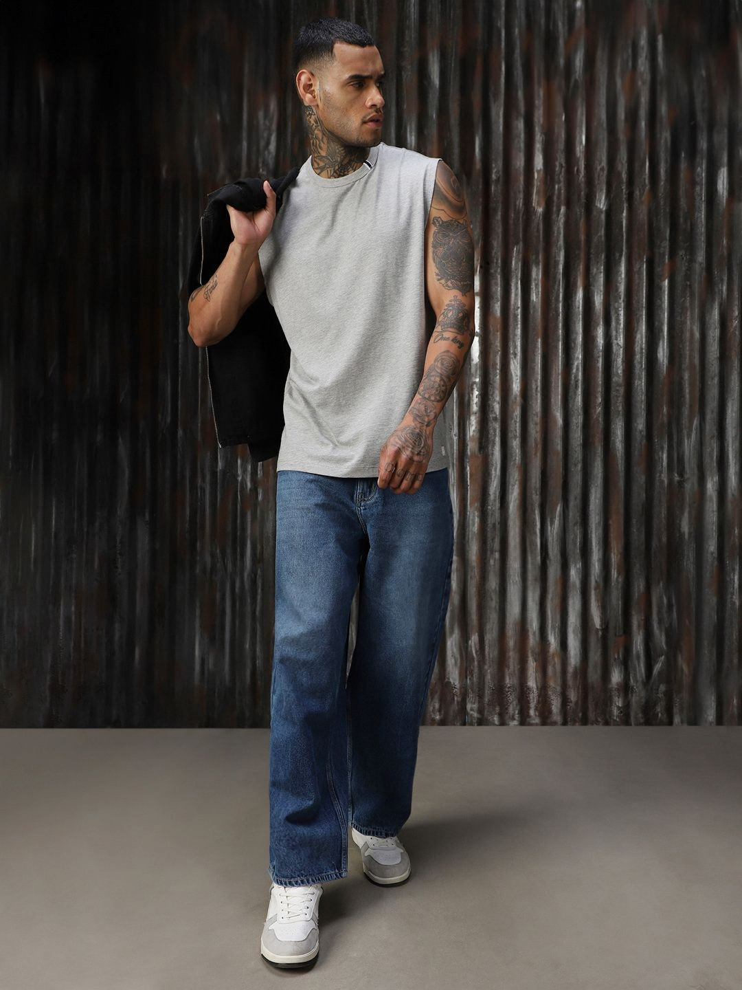 

High Star Men Solid Round Neck Cotton Relaxed Fit Sleeveless Vest T-shirt, Grey