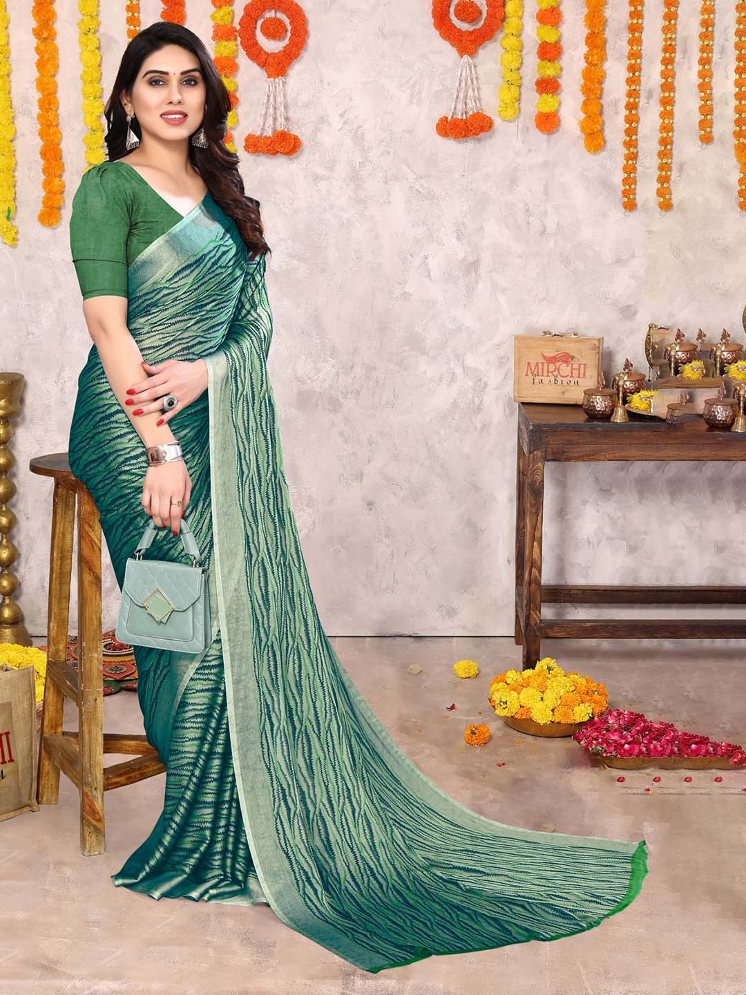 

KALINI Poly Chiffon Saree, Green