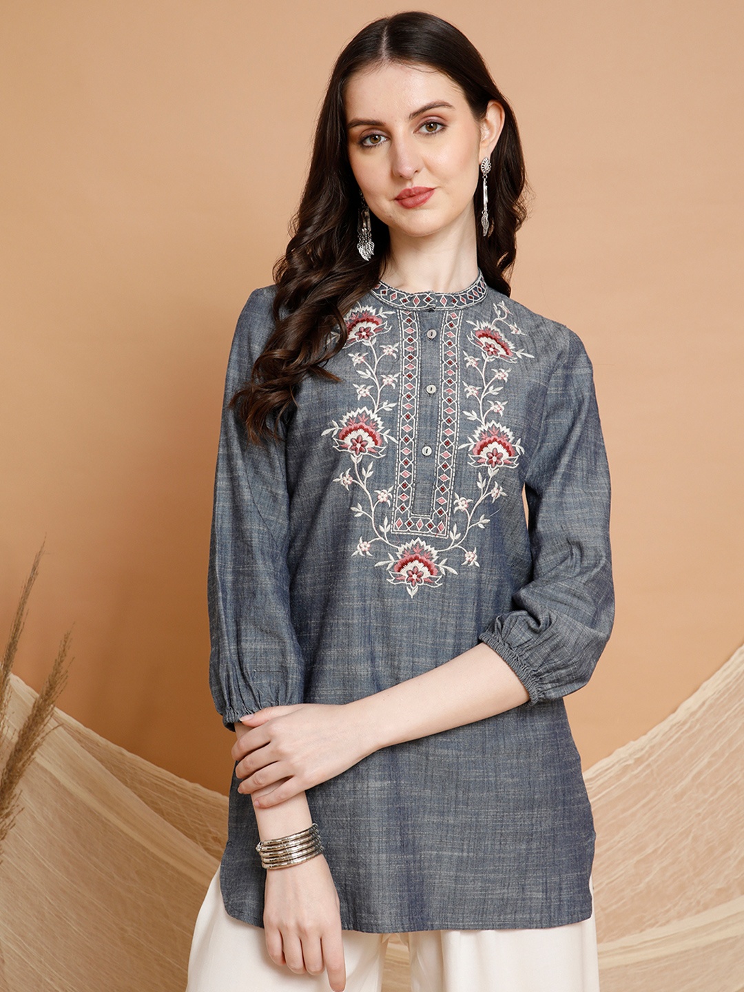 

Nayam By Lakshita Women Cotton Embroidered Mandarin Collar Tunic, Blue