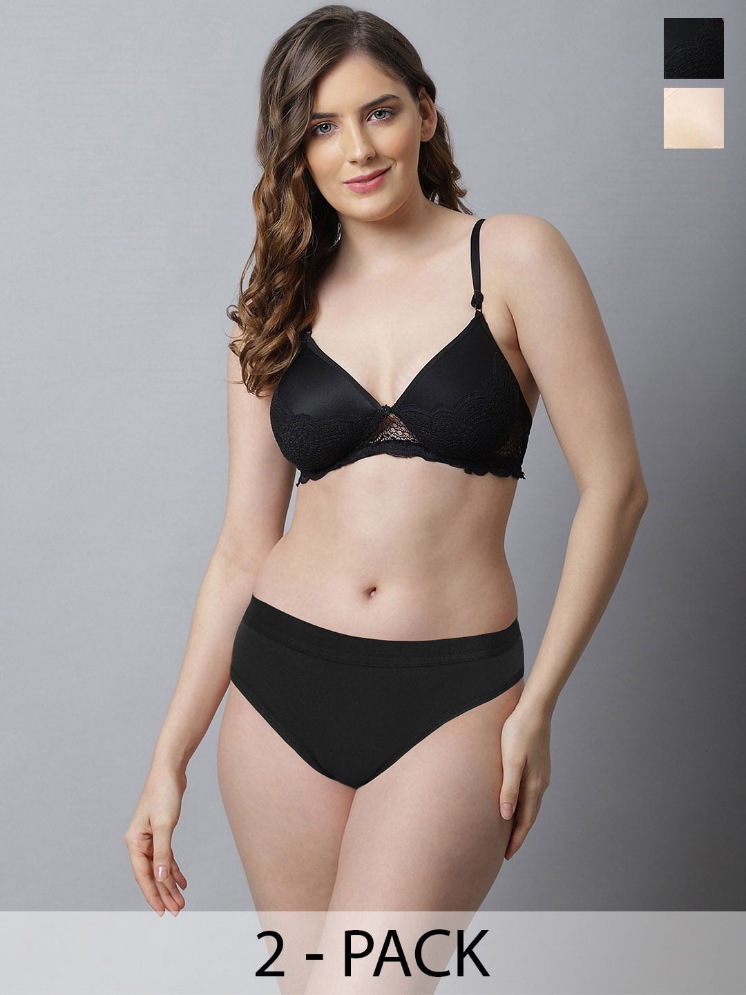 

Aamarsh Women Pack Of 2 Lace Lightly-Padded Lingerie Sets, Black