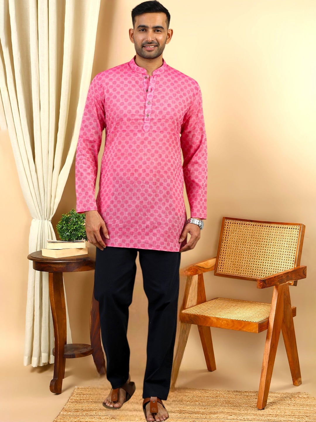 

TATTVA Woven Design Mandarin Collar Thread Work Cotton Straight Kurta, Pink