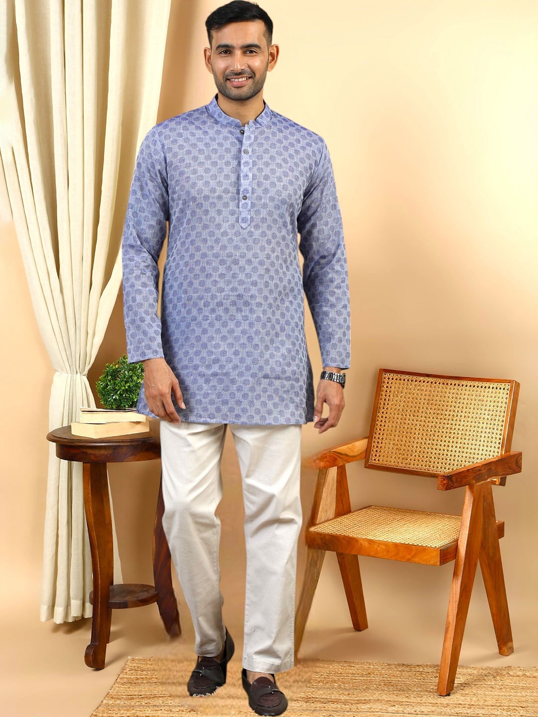 

TATTVA Woven Design Mandarin Collar Thread Work Cotton Straight Kurta, Blue