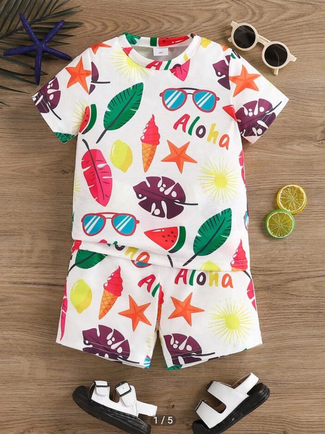 

Kasak Boys Aloha Printed Regular Fit T-Shirt With Short, Off white
