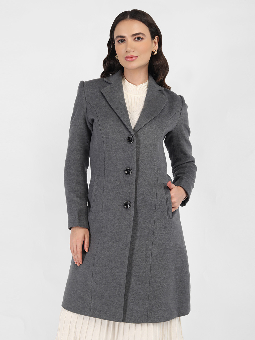 

LURE URBAN Women Notched Lapel Single-Breasted Overcoat, Grey