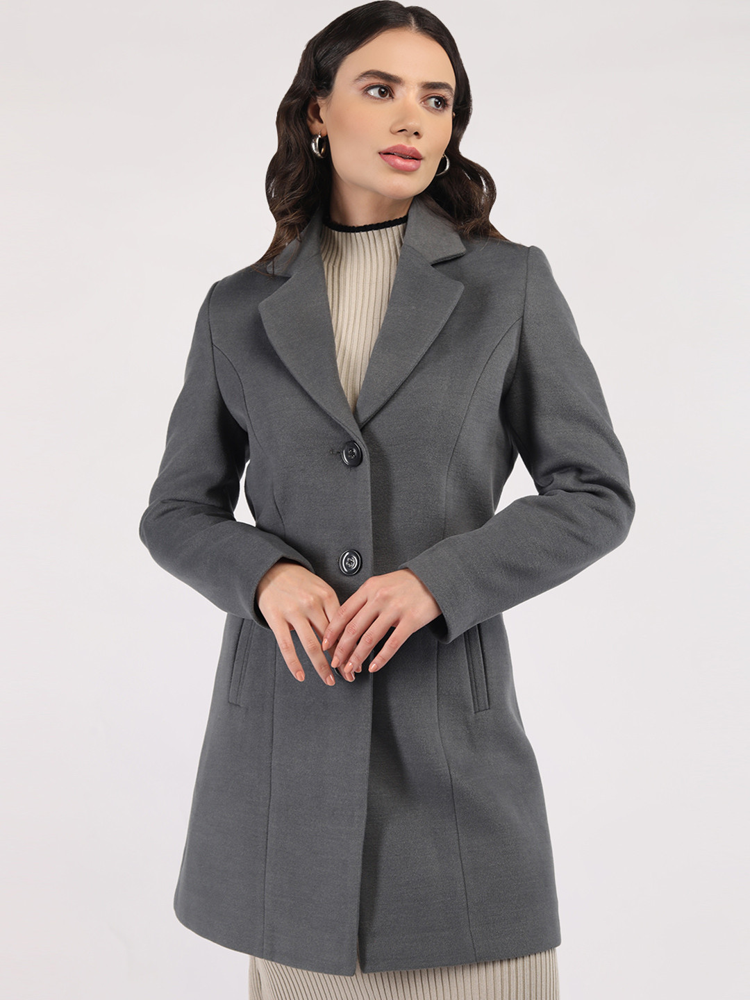 

LURE URBAN Women Notched Lapel Single-Breasted Overcoat, Grey