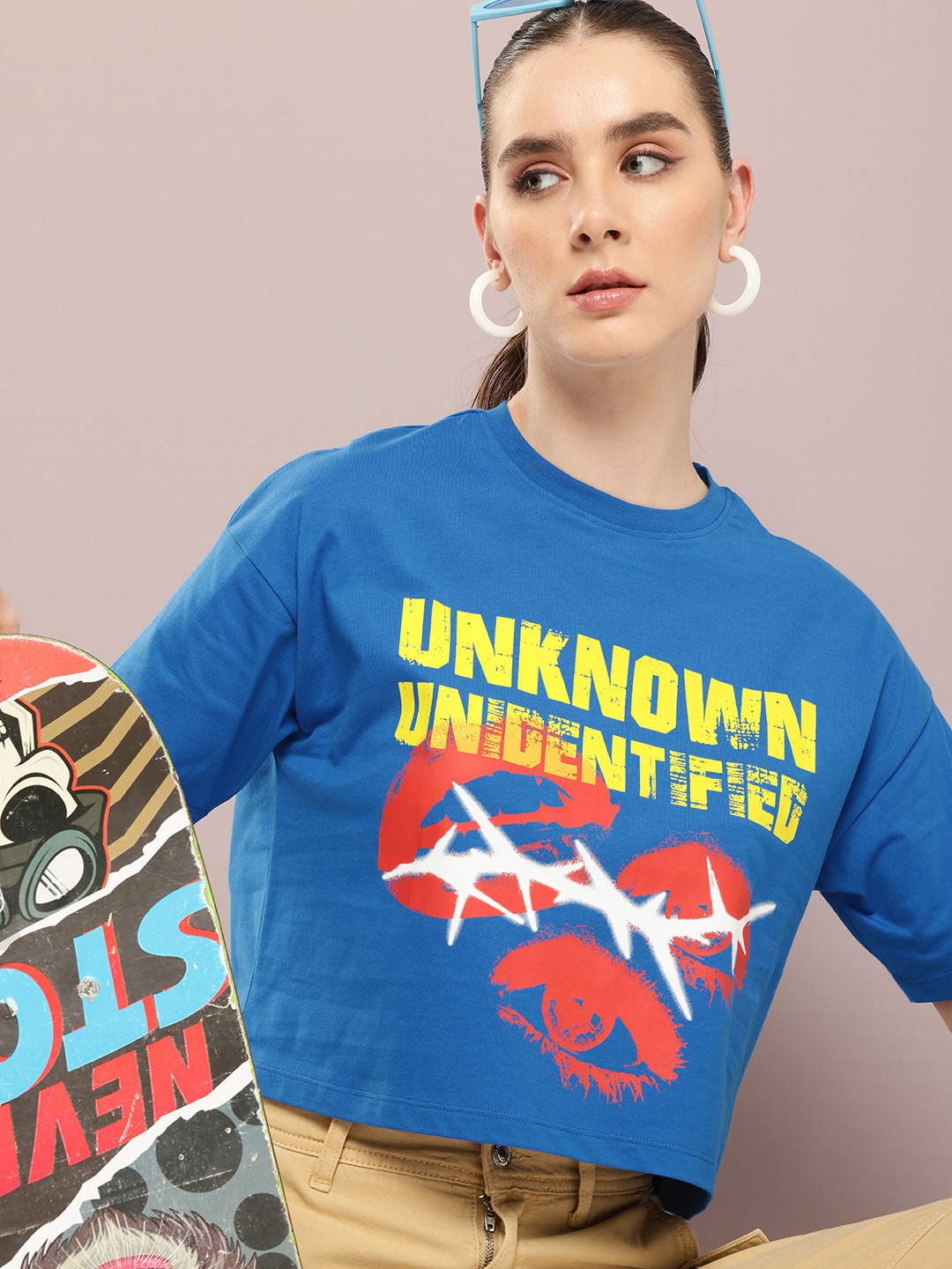 

Kook N Keech Women Typography Printed Drop-Shoulder Sleeves Boxy Crop T-shirt, Blue
